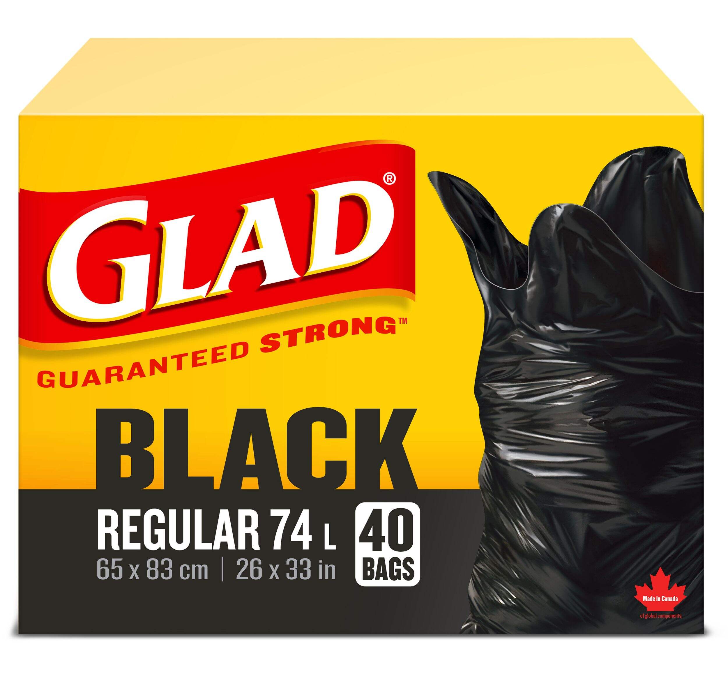 Glad Regular Easy-Tie Flap Indoor/Outdoor Garbage Bags, 40-pk, Black, 74-L Front_Elevated