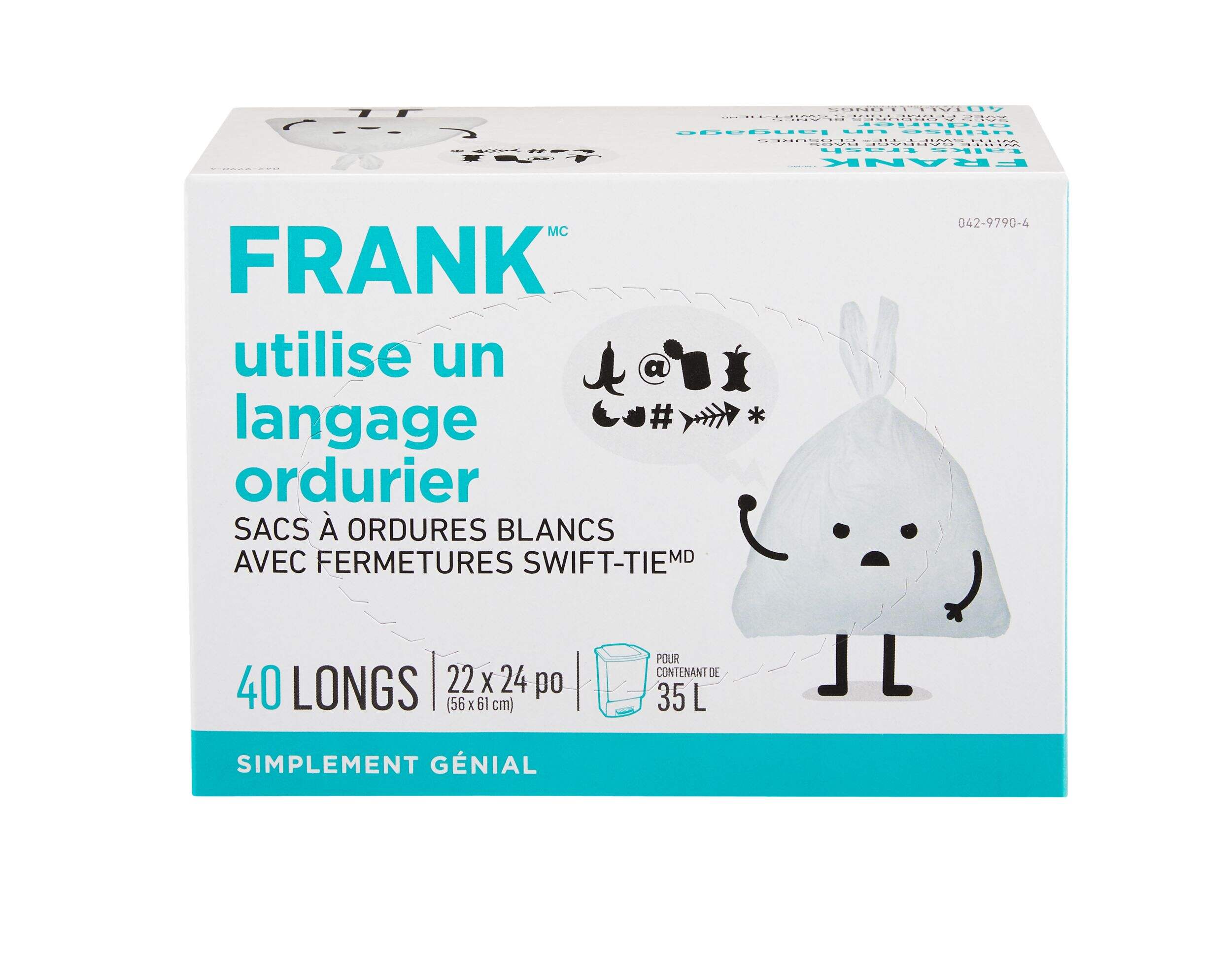 Grands sacs à ordures FRANK avec attaches Swift-Tie non parfumés, blanc, paq. 40, 35&nbsp;L Front_Elevated
