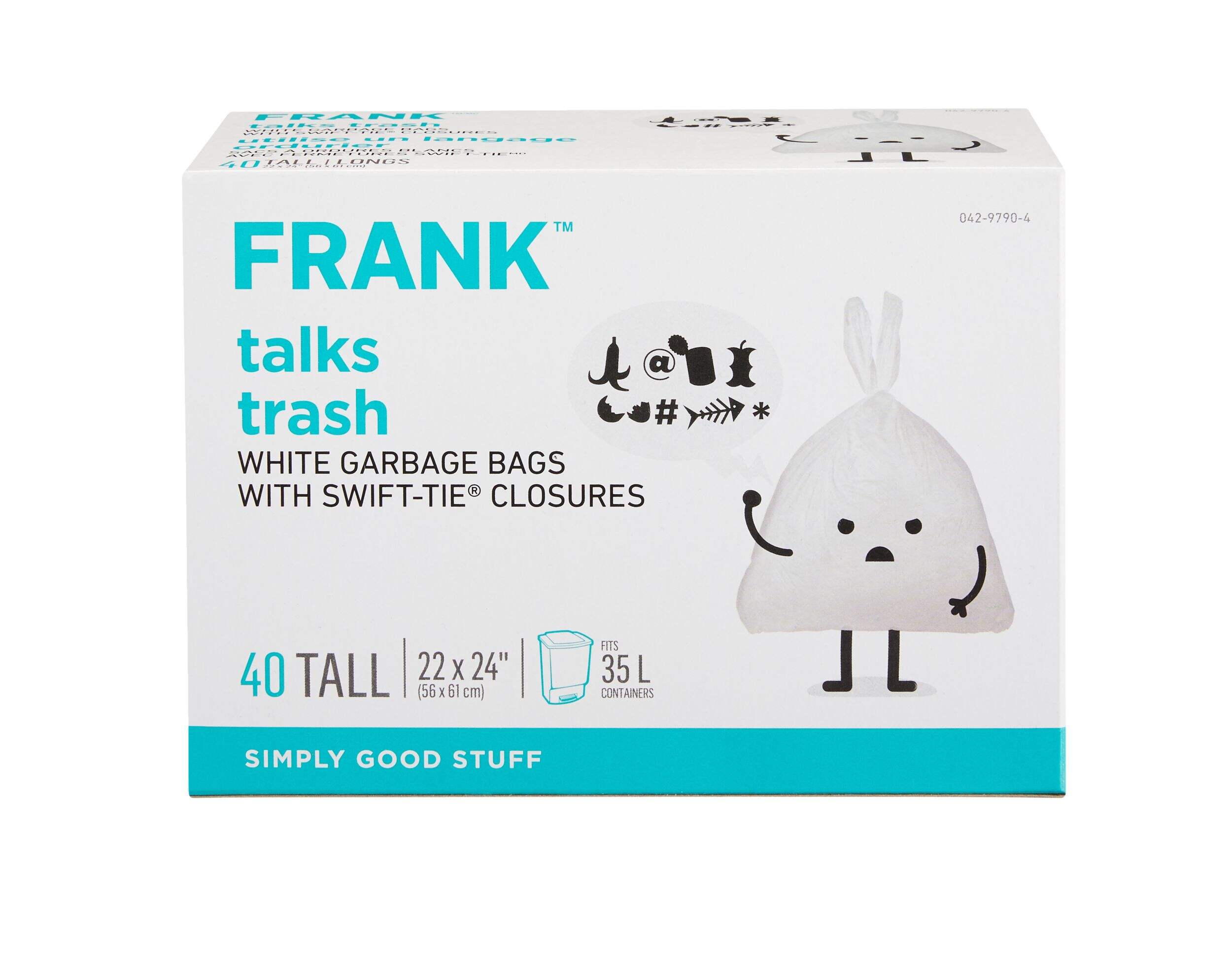 FRANK Tall Swift-Tie Unscented Garbage Bags, 40-pk, White, 35-L Front_Elevated