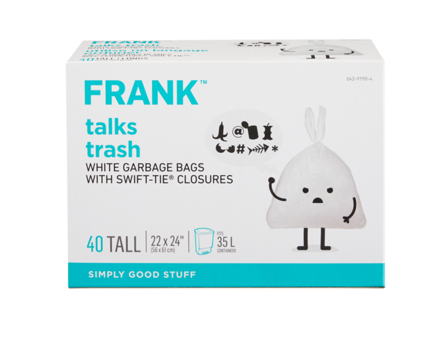 FRANK Tall SwiftTie Unscented Garbage Bags, 40pk, White, 35L