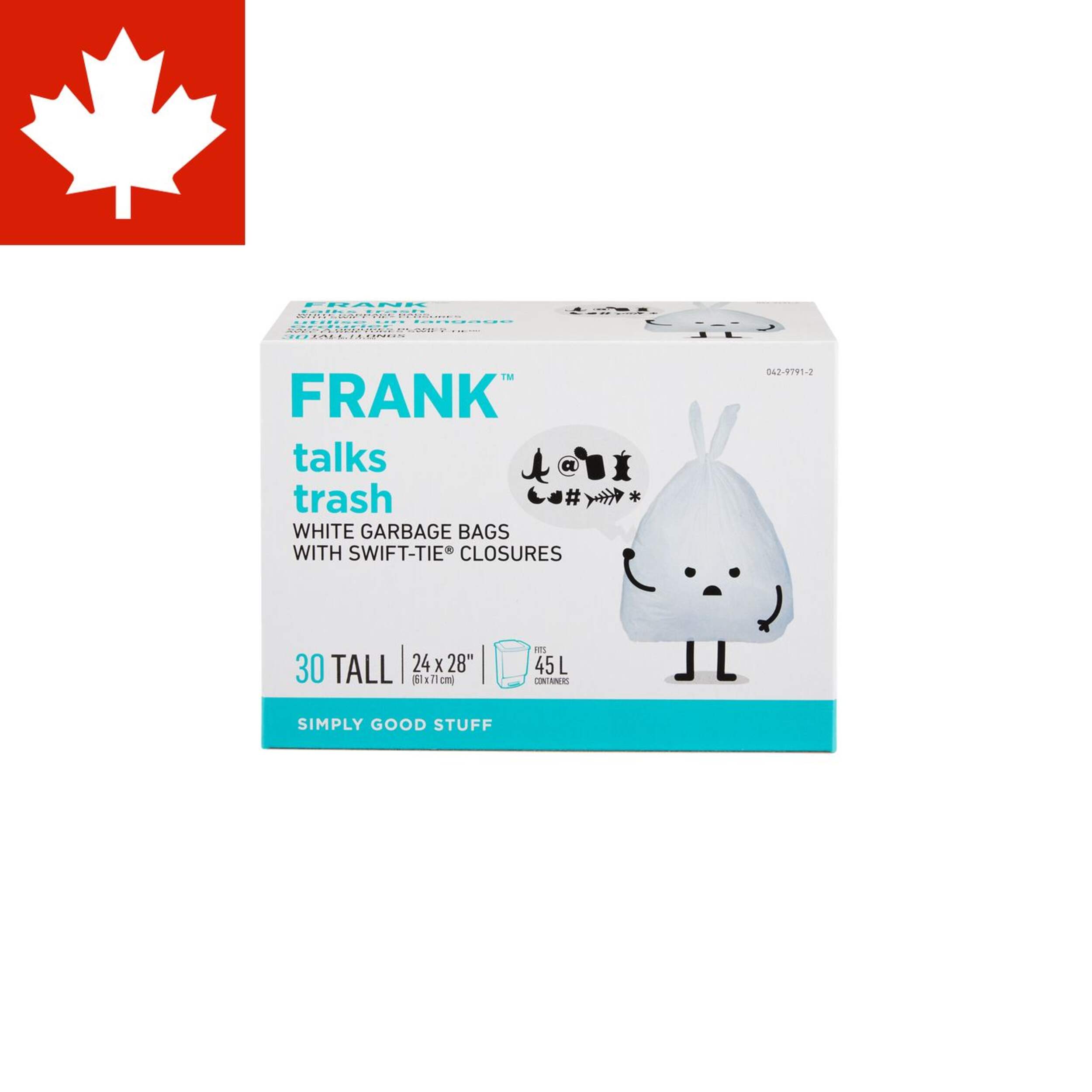 FRANK Tall Swift-Tie Unscented Garbage Bags, 30-pk, White, 45-L Front_Elevated