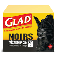 Sacs à ordures Glad à rabat, intérieur/extérieur, avec attaches Easy-Tie, très grand, noir, paq. 20, 135 L Front_Elevated