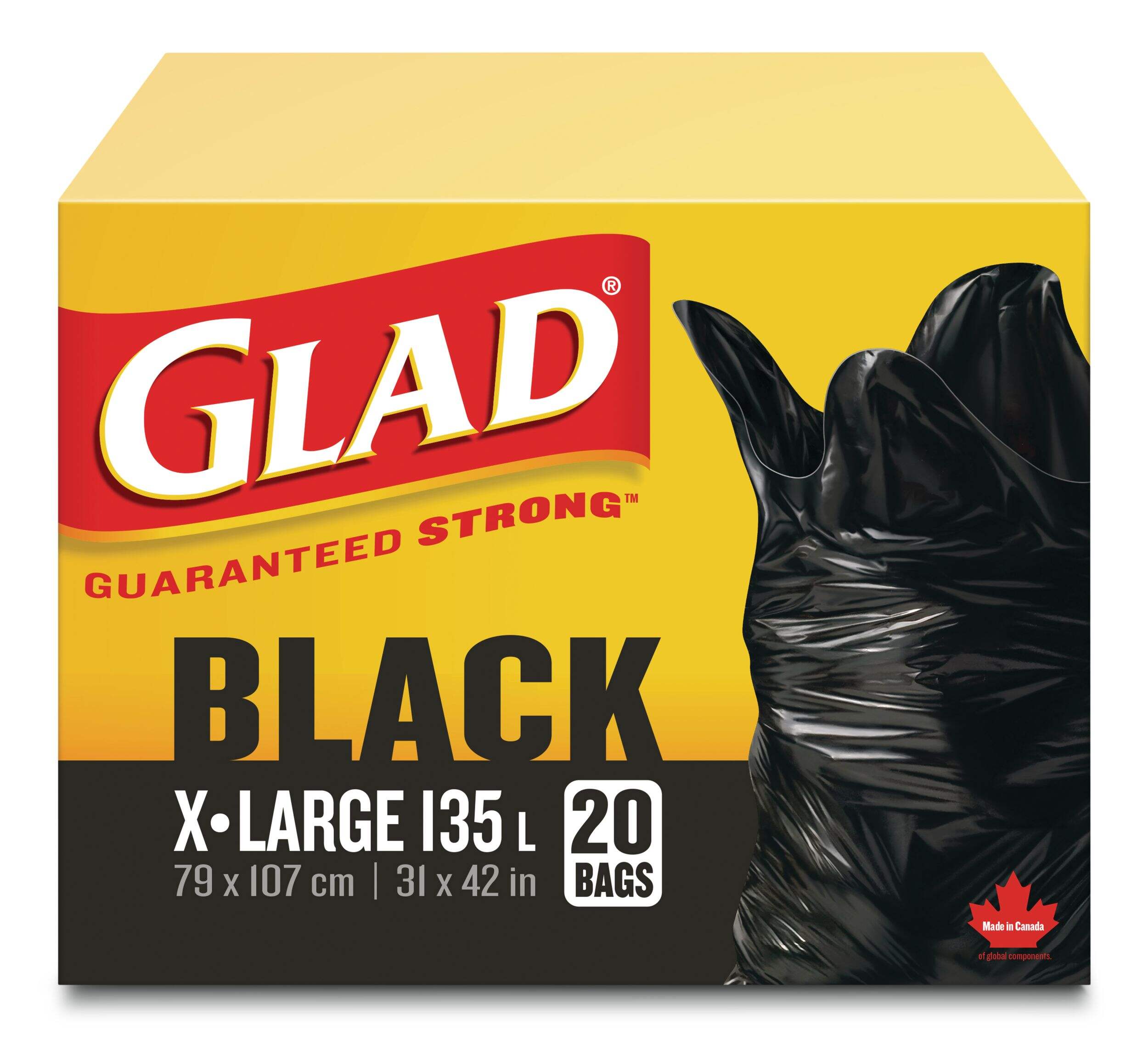 Glad Extra-Large Easy-Tie Flap Indoor/Outdoor Garbage Bags, 20-pk, Black, 135-L Front_Flat