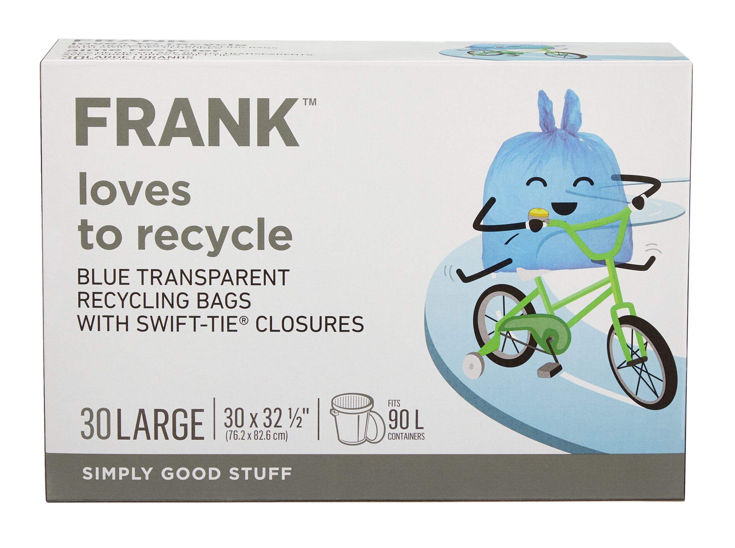 FRANK Large Swift-Tie Blue Transparent Recycling Bags, 30-pk, 90L Capacity Front_Elevated