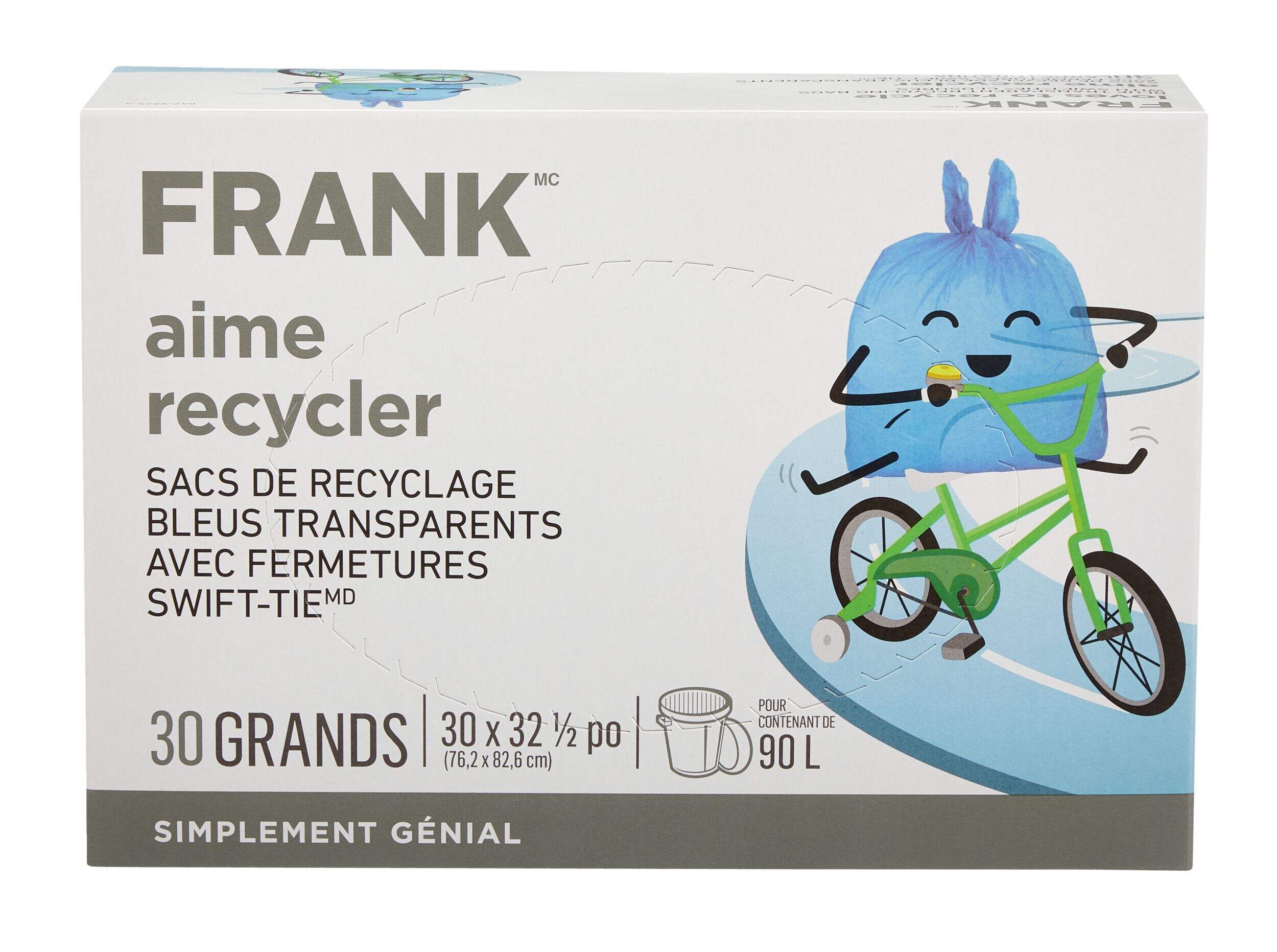 FRANK Large Swift-Tie Blue Transparent Recycling Bags, 30-pk, 90L Capacity Front_Elevated