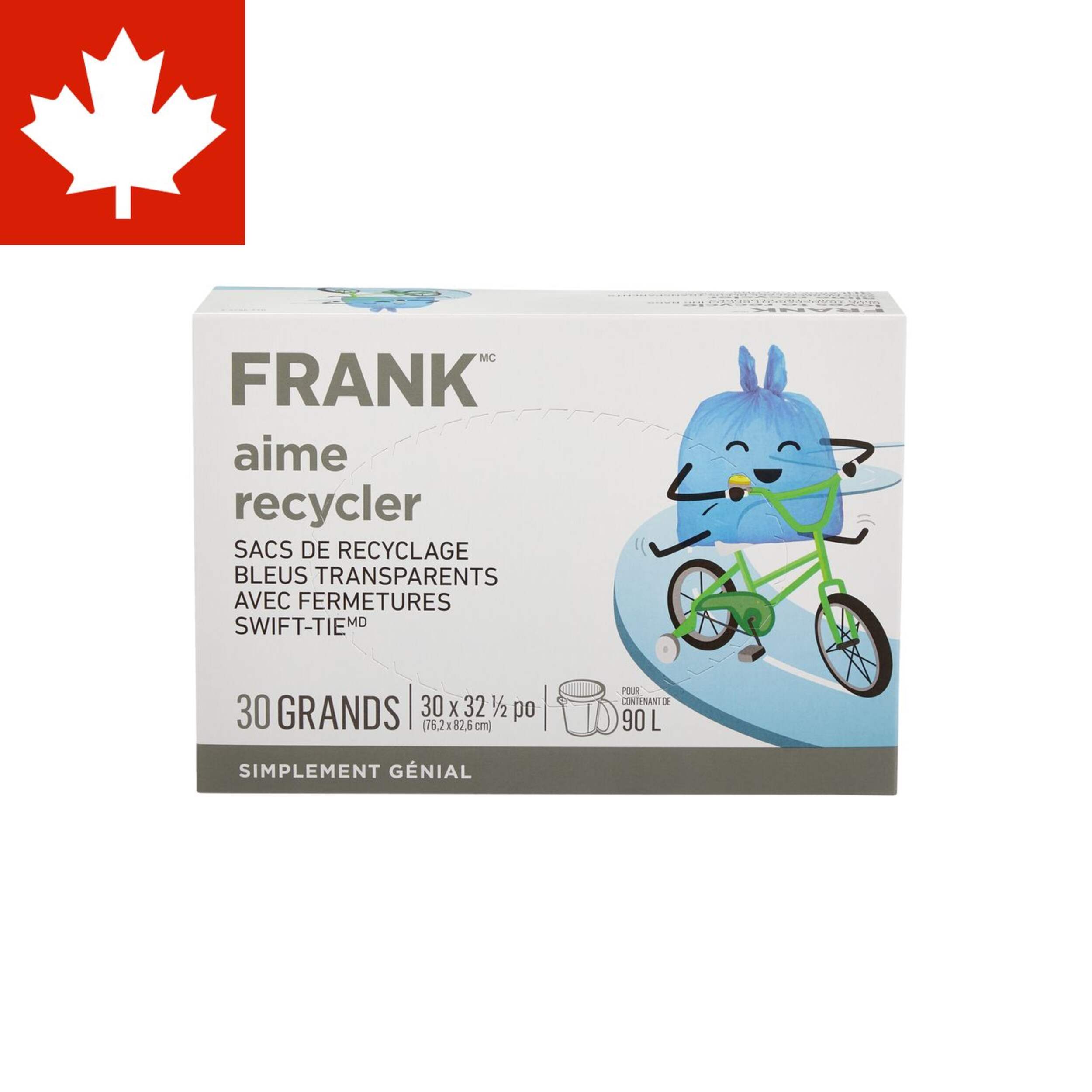 FRANK Large Swift-Tie Blue Transparent Recycling Bags, 30-pk, 90L Capacity Front_Elevated