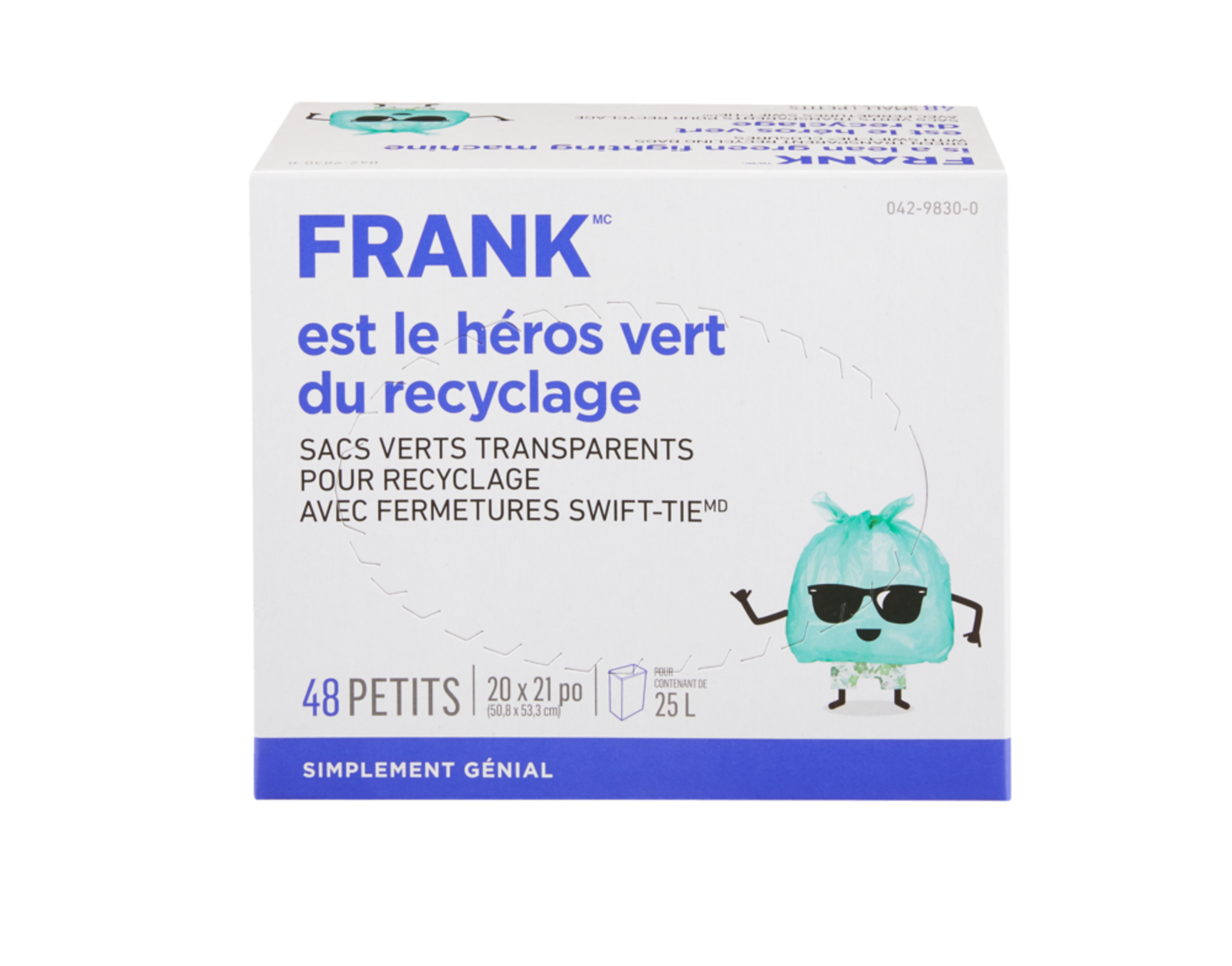 Sacs de recyclage FRANK avec attaches Swift-Tie, petit, vert transparent, 25&nbsp;L, paq. 48 Front_Elevated
