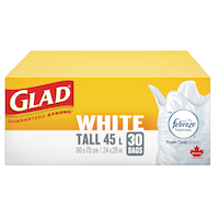 Glad Tall Easy-Tie Flap Febreze Fresh Clean Scent Garbage Bags, 30-pk, White, 45-L Front_Elevated