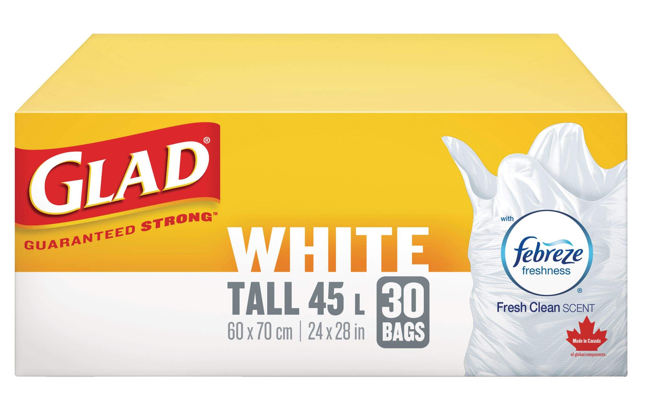 Glad Tall Easy-Tie Flap Febreze Fresh Clean Scent Garbage Bags, 30-pk, White, 45-L Front_Elevated