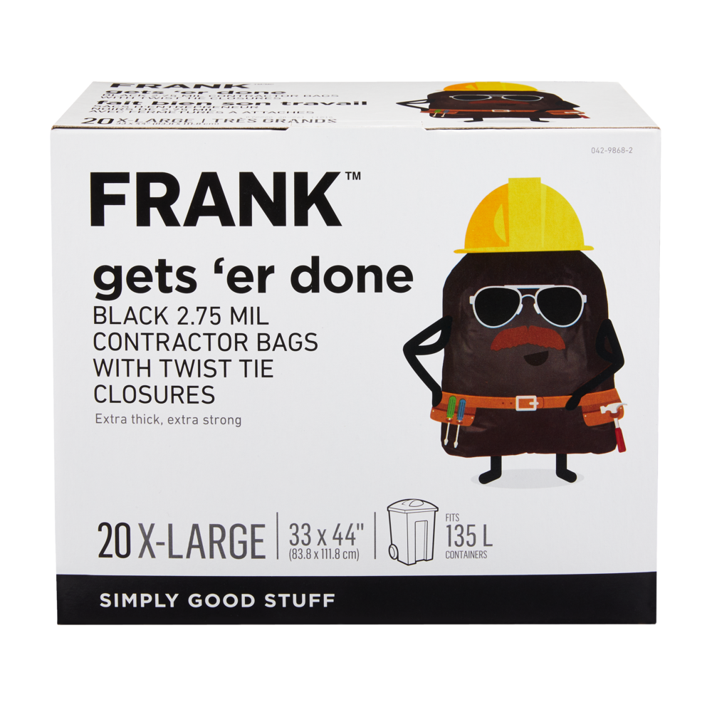 FRANK ExtraLarge TwistTie Contractor Garbage Bags, 20pk, Black, 135