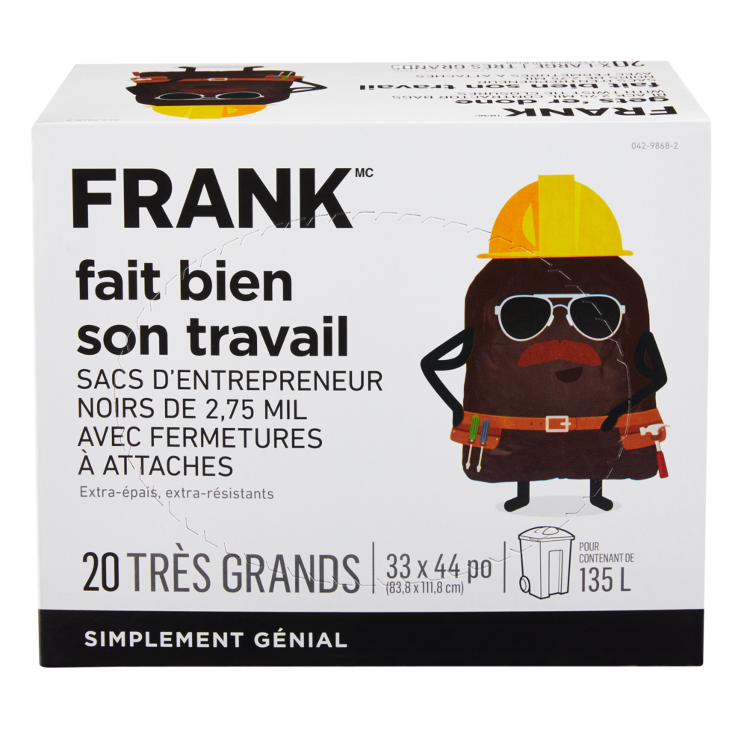 Sacs à ordures d’entrepreneur FRANK avec attaches Twist-Tie, très grand, noir, paq. 20, 135&nbsp;L Front_Elevated