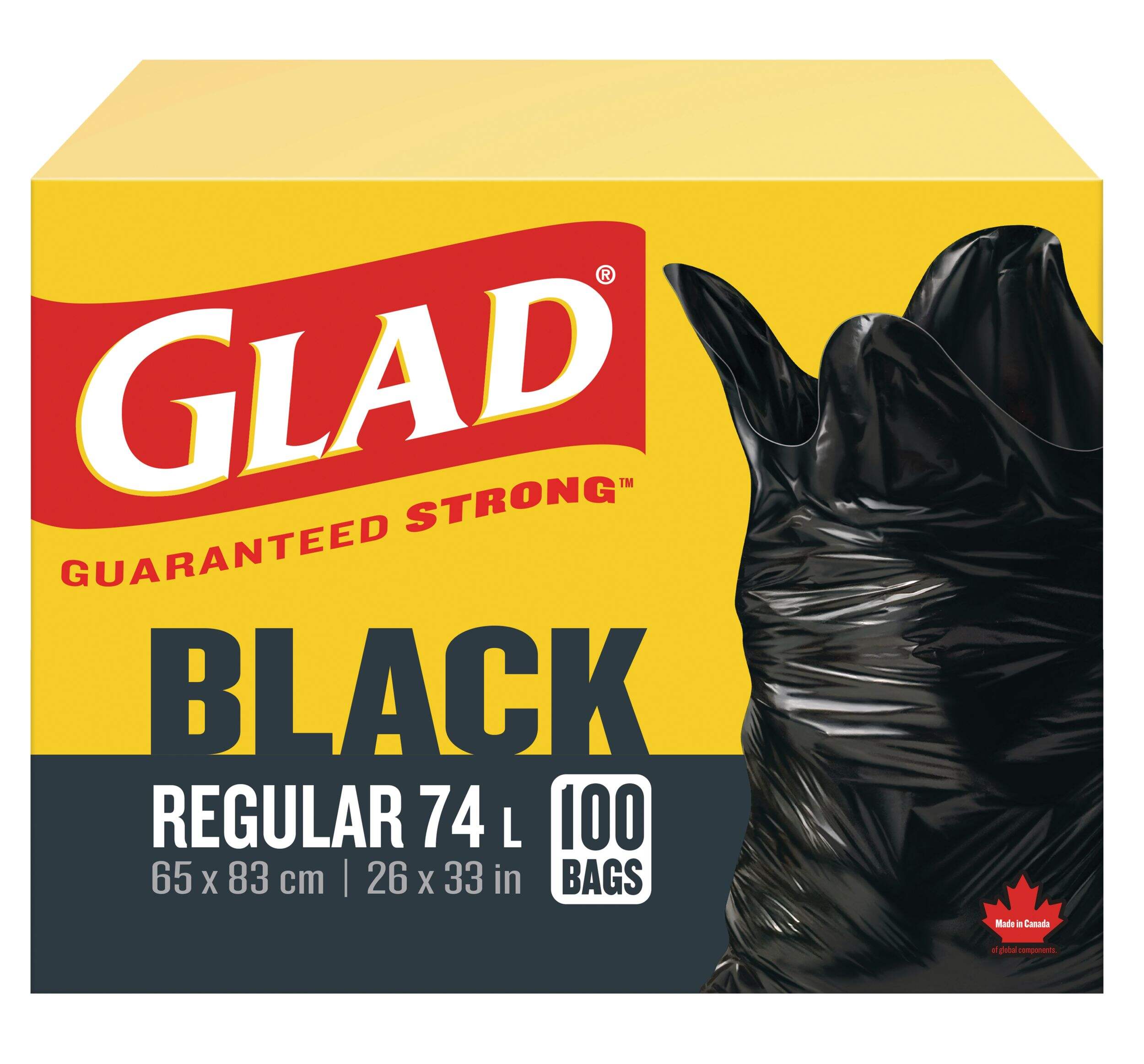 Glad Regular Easy-Tie Flap Indoor/Outdoor Garbage Bags, 100-pk, Black, 74-L Front_Elevated