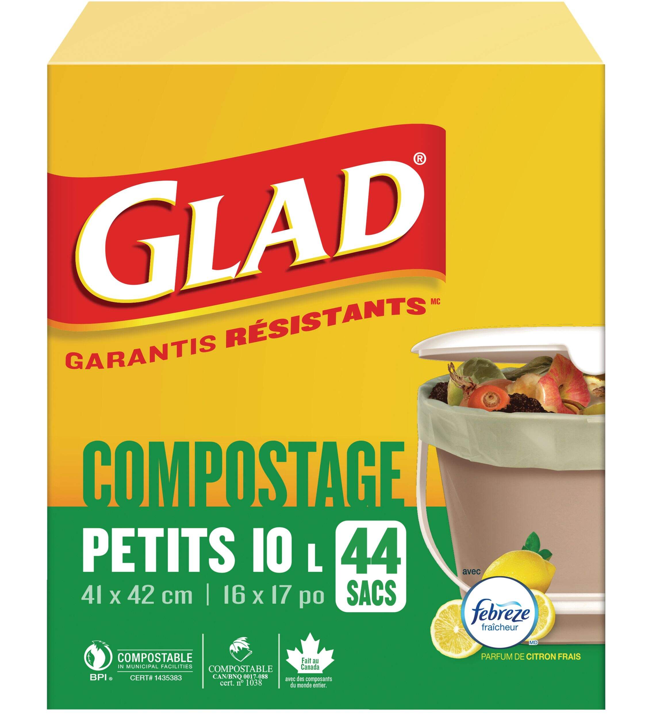 Glad Small 100% Compostable Febreze Lemon Scented Food Waste Bags, 44-pk, 10-L Front_Flat