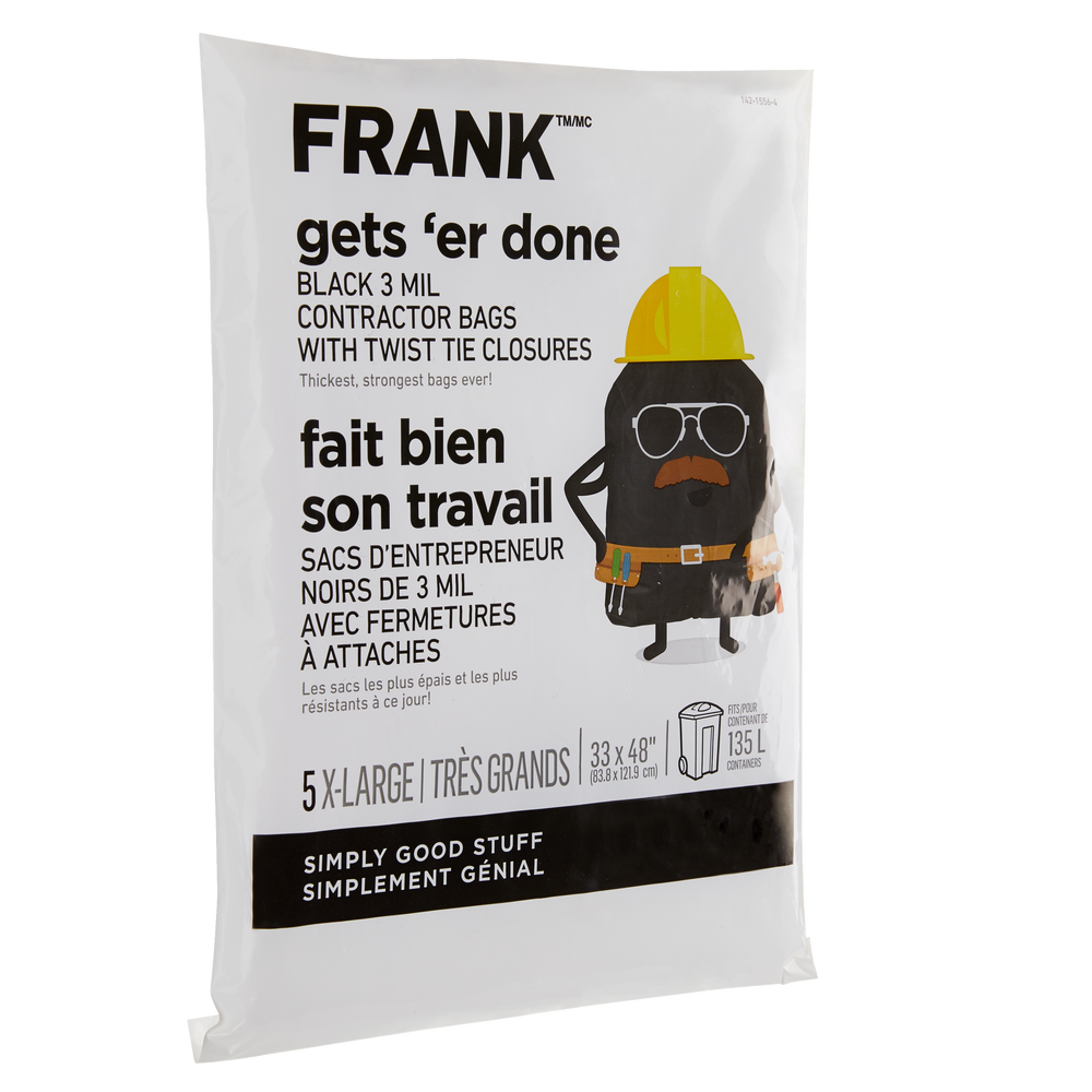 FRANK ExtraLarge TwistTie Contractor Garbage Bags, 5pk, Black, 135L