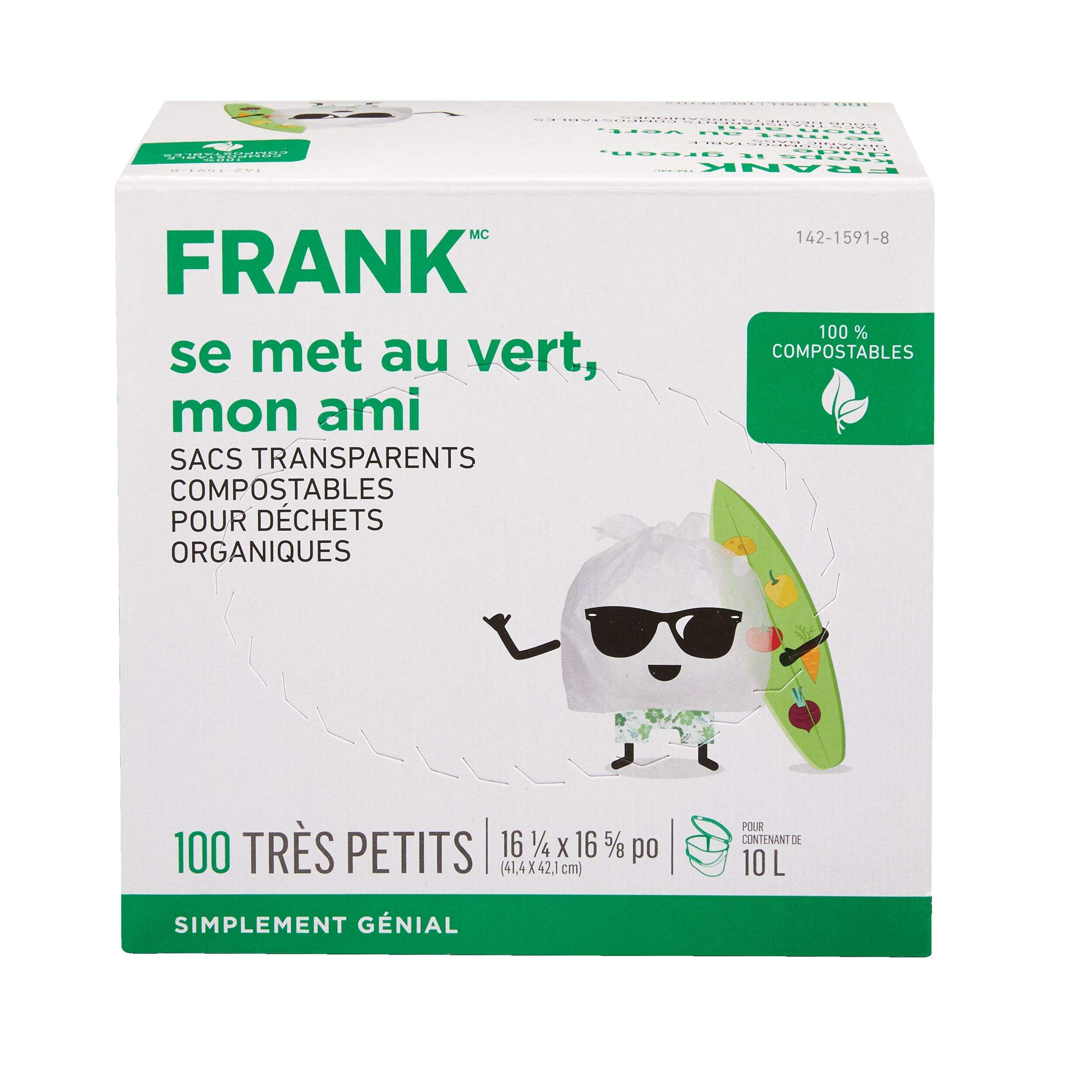 Sacs à déchets organiques compostables FRANK, très petit, transparent, 10 L, paq. 100 Front_Elevated