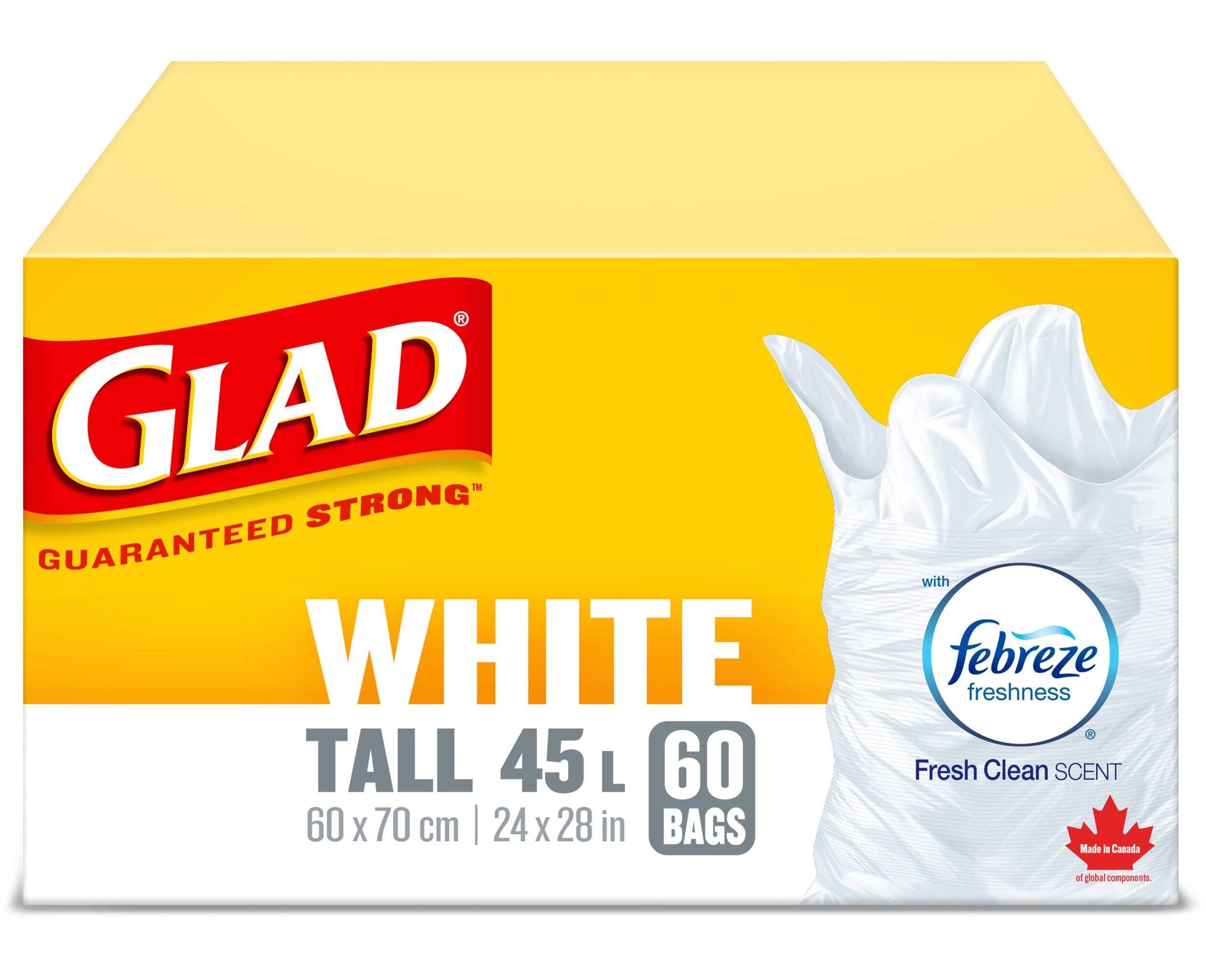 Glad Tall Easy-Tie Flap Febreze Fresh Clean Scent Garbage Bags, 60-pk, White, 45-L Front_Elevated