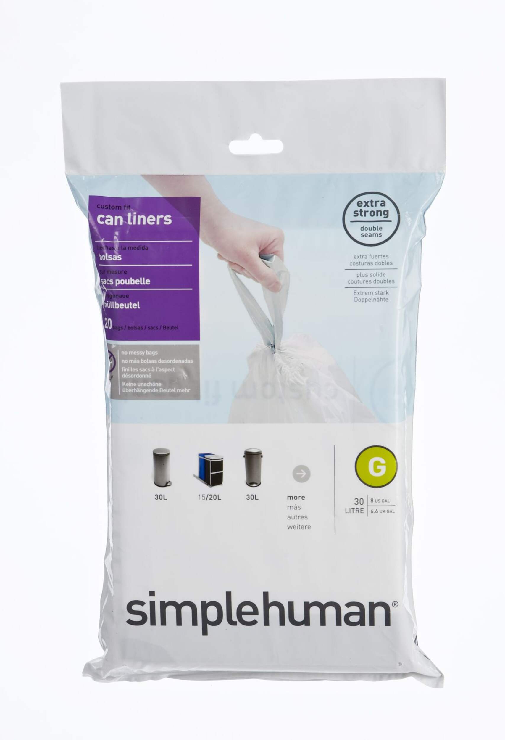 simplehuman Code G Drawstring Custom Fit Trash Can Liners, 20-pk, White, 30-L Front_Flat