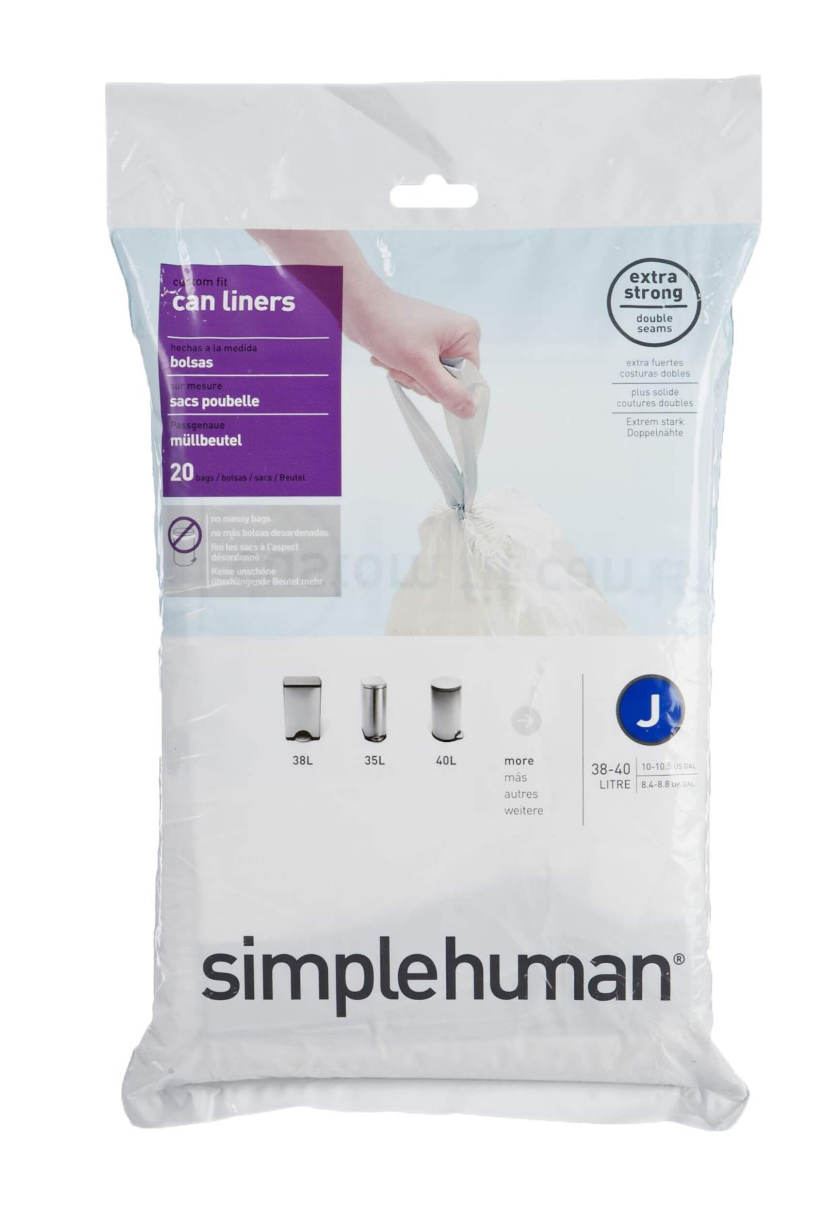 simplehuman Code J Drawstring Custom Fit Trash Can Liners, 20-pk, White, 40-L Front_Flat