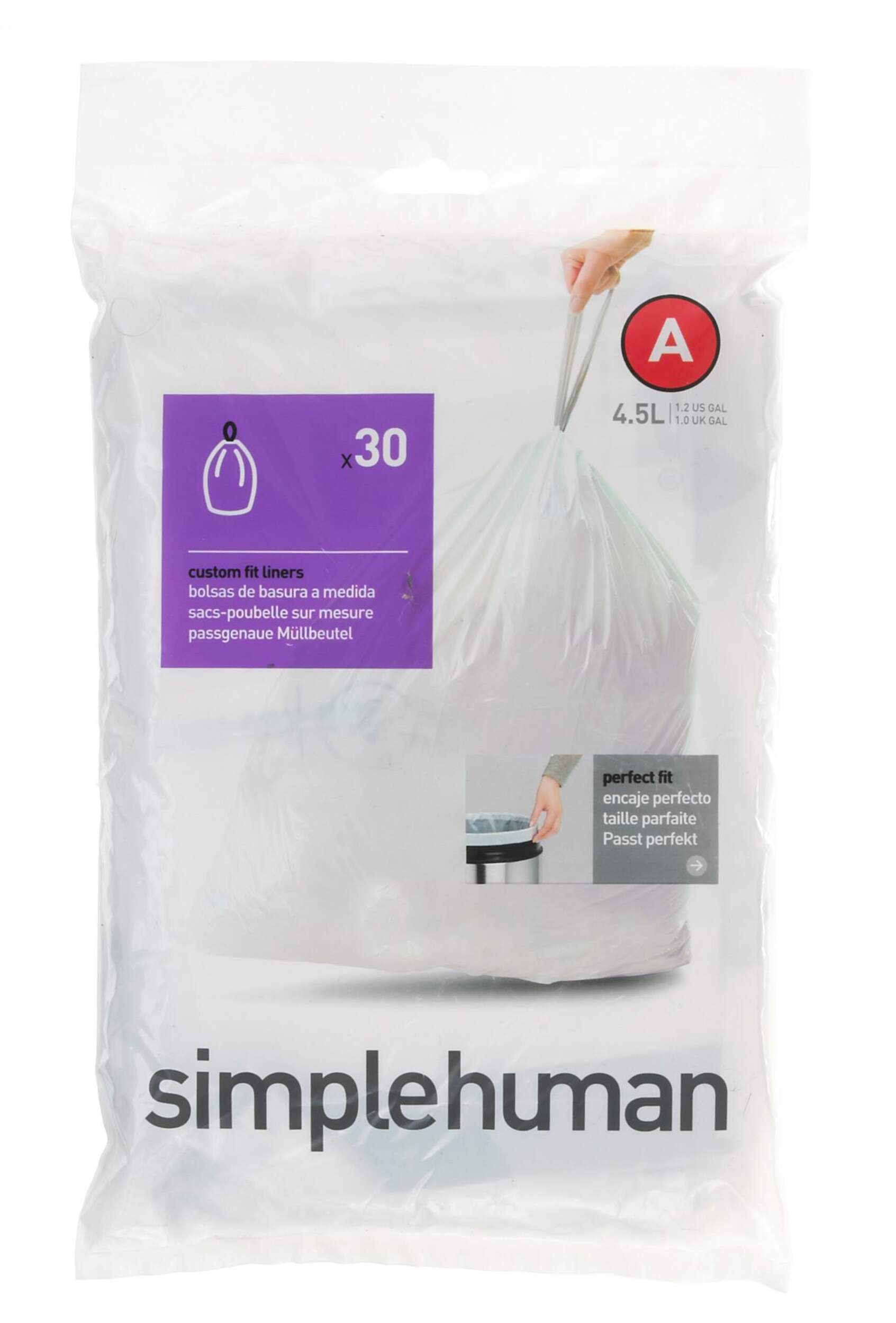 simplehuman Code A Drawstring Custom Fit Trash Can Liners, 30-pk, White, 4.5-L Front_Flat