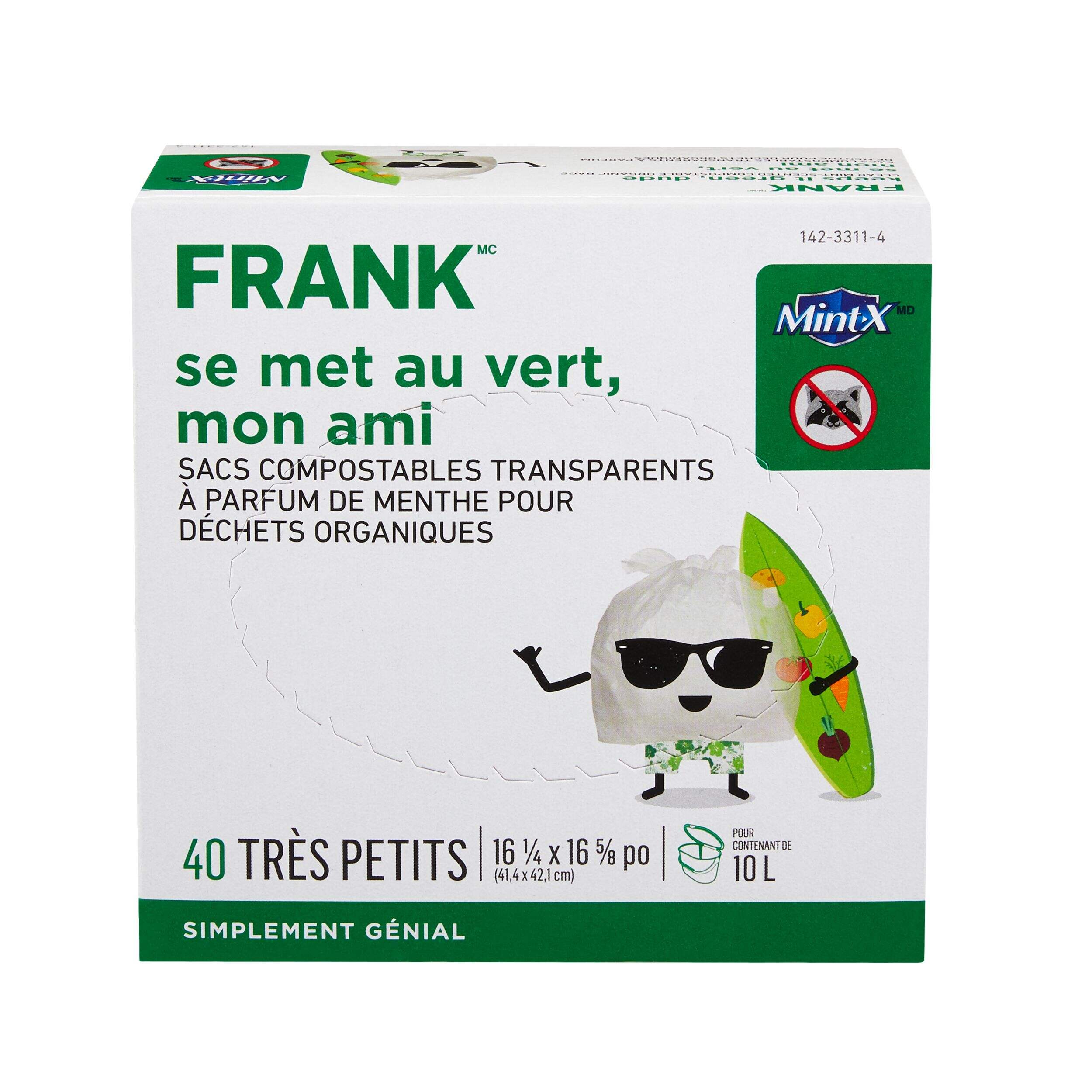 Sacs à déchets organiques compostables FRANK, parfum menthe, très petit, transparent, 10&nbsp;L, paq. 40 Front_Elevated