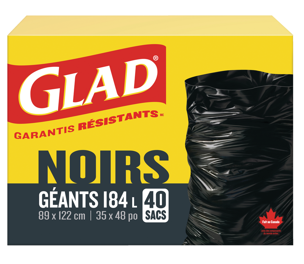Sacs à ordures à rabat intérieur/extérieur Glad avec attaches EasyTie, noir, paq. 40, 184 L