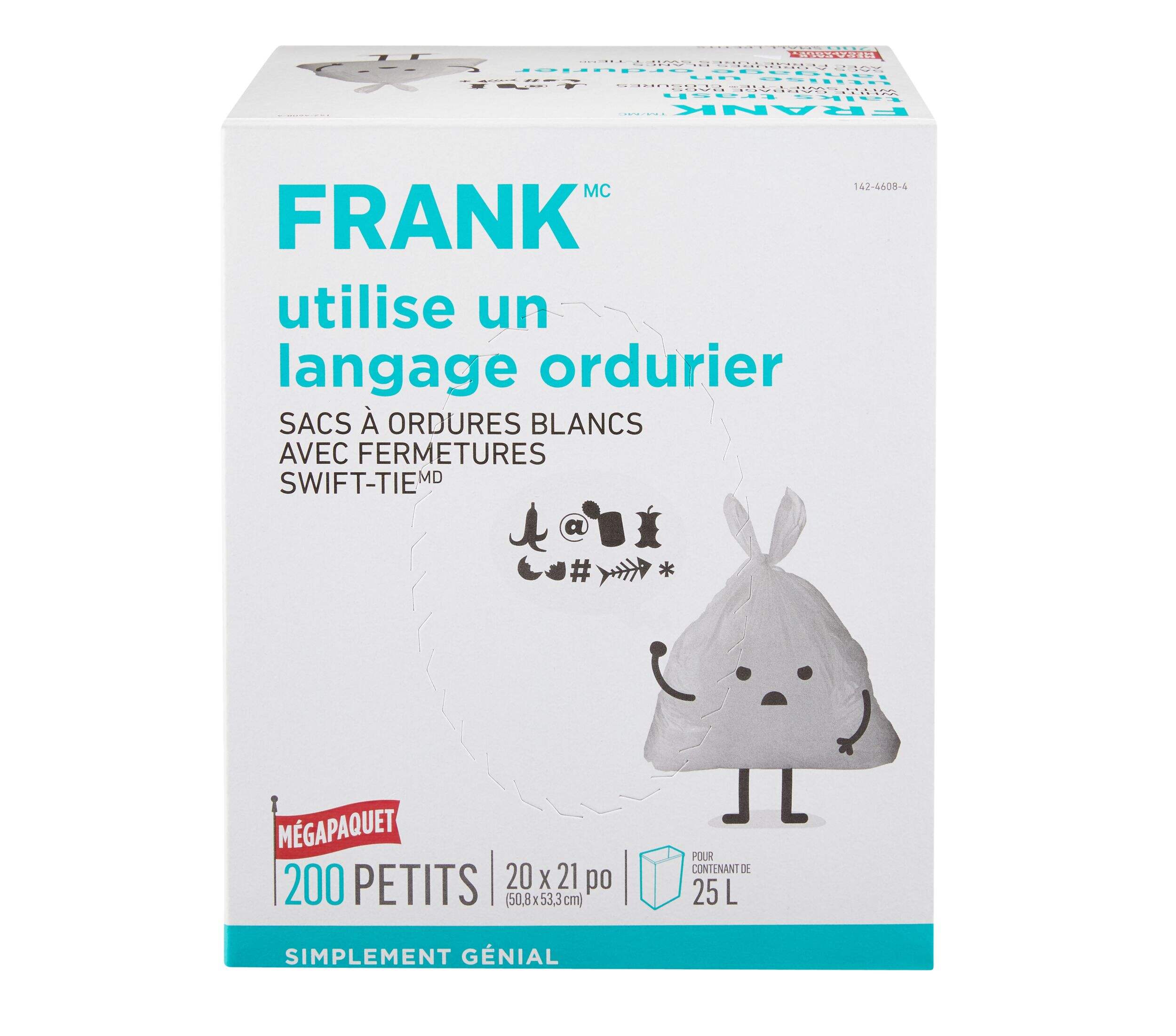 Sacs à ordures FRANK avec attaches Swift-Tie, non parfumés, petit, blanc, 25 L, paq. 200 Front_Elevated