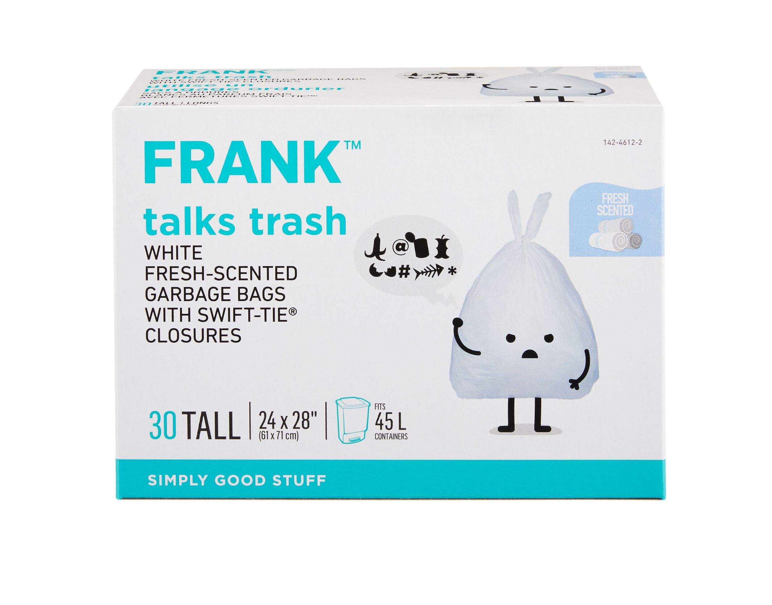 FRANK Tall Swift-Tie Fresh Scented Garbage Bags, 30-pk, White, 45-L Front_Elevated
