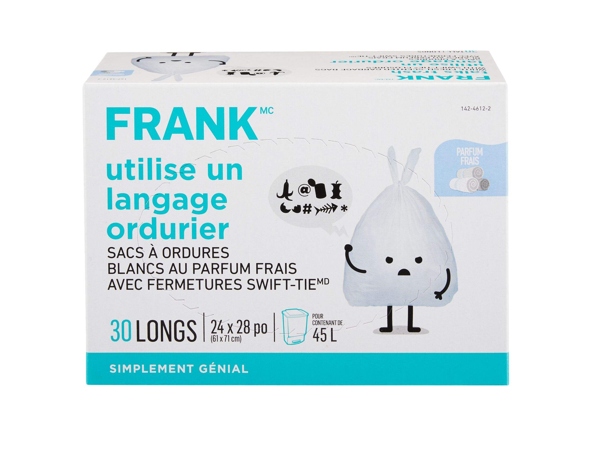 Grands sacs à ordures FRANK avec attaches Swift-Tie parfum frais, blanc, paq. 30, 45&nbsp;L Front_Elevated