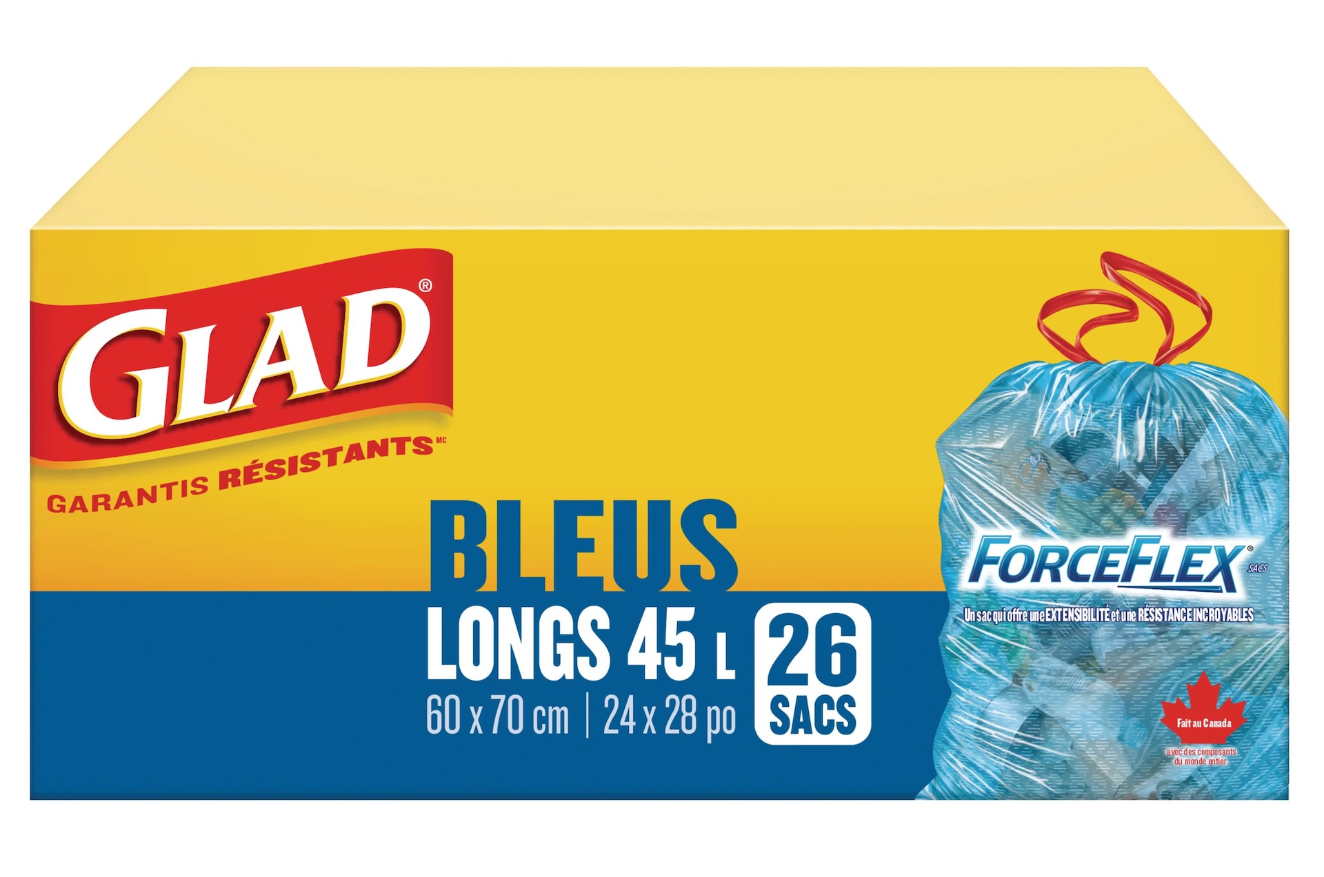 Sacs de recyclage à cordon Glad ForceFlex, long, bleu, paq. 26, 45 L