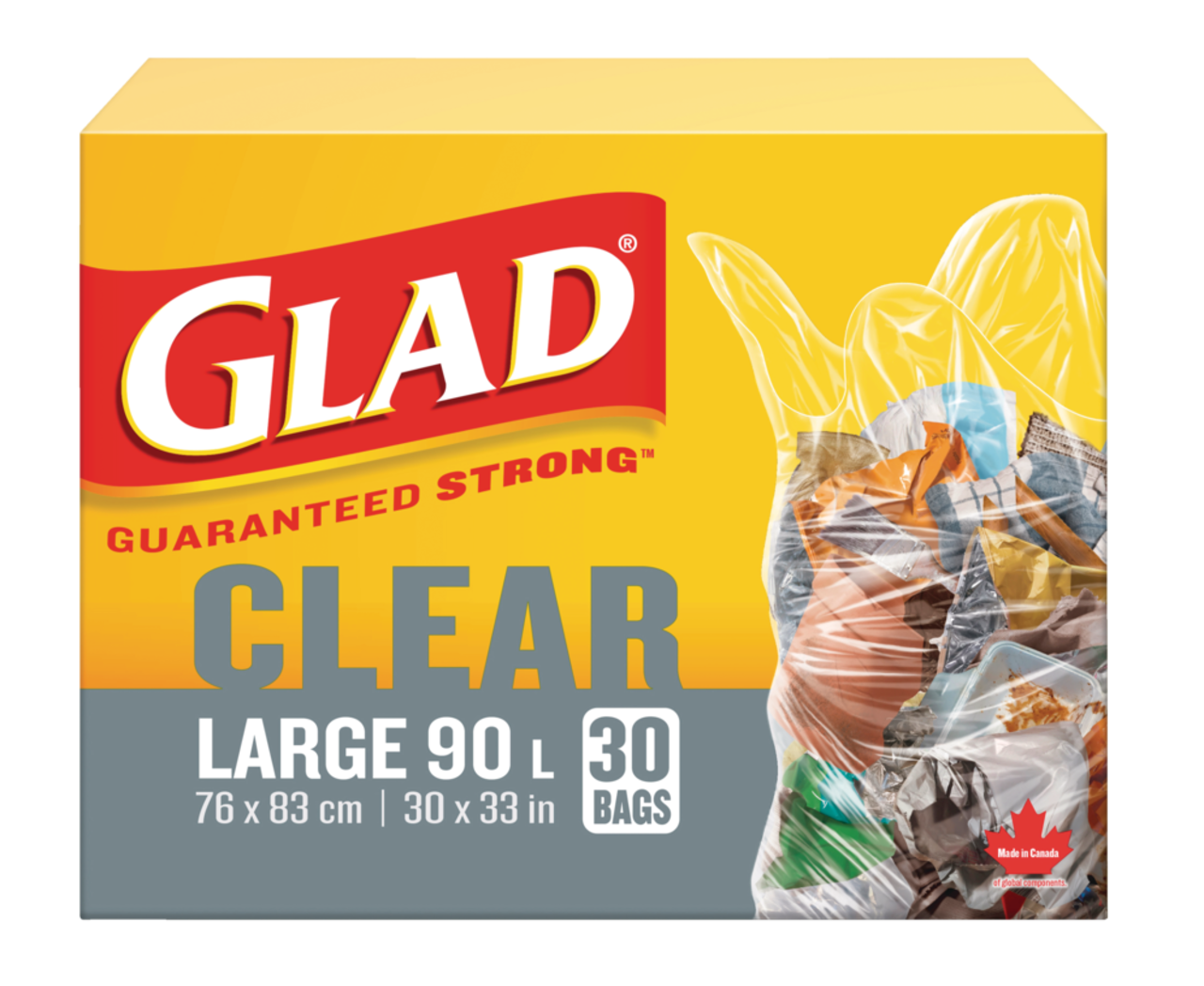 Glad Large Easy-Tie Flap Garbage Bags, 30-pk, Clear, 90-L