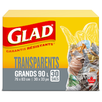 Sacs à ordures à rabat Glad avec attaches Easy-Tie, grand, transparent, paq. 30, 90 L Front_Elevated