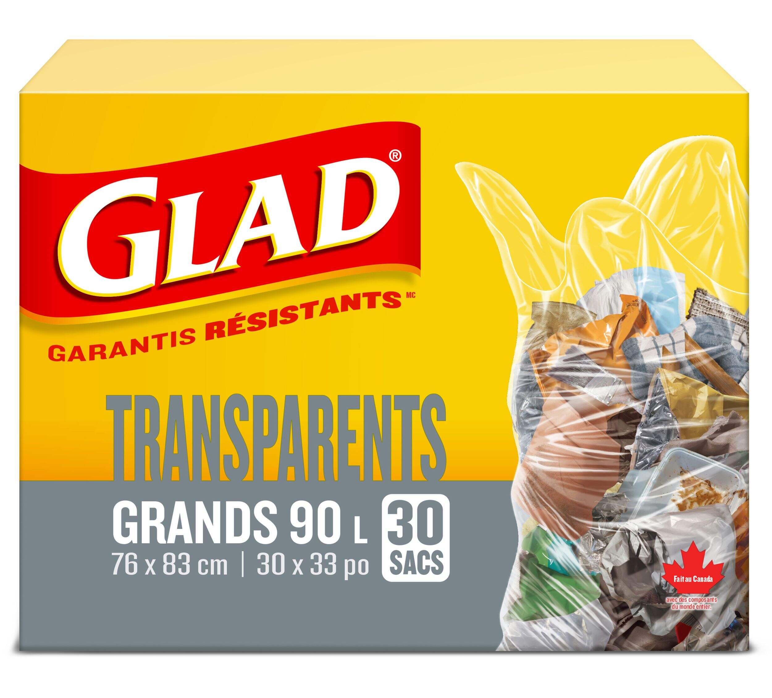 Sacs à ordures à rabat Glad avec attaches Easy-Tie, grand, transparent, paq. 30, 90 L Front_Elevated