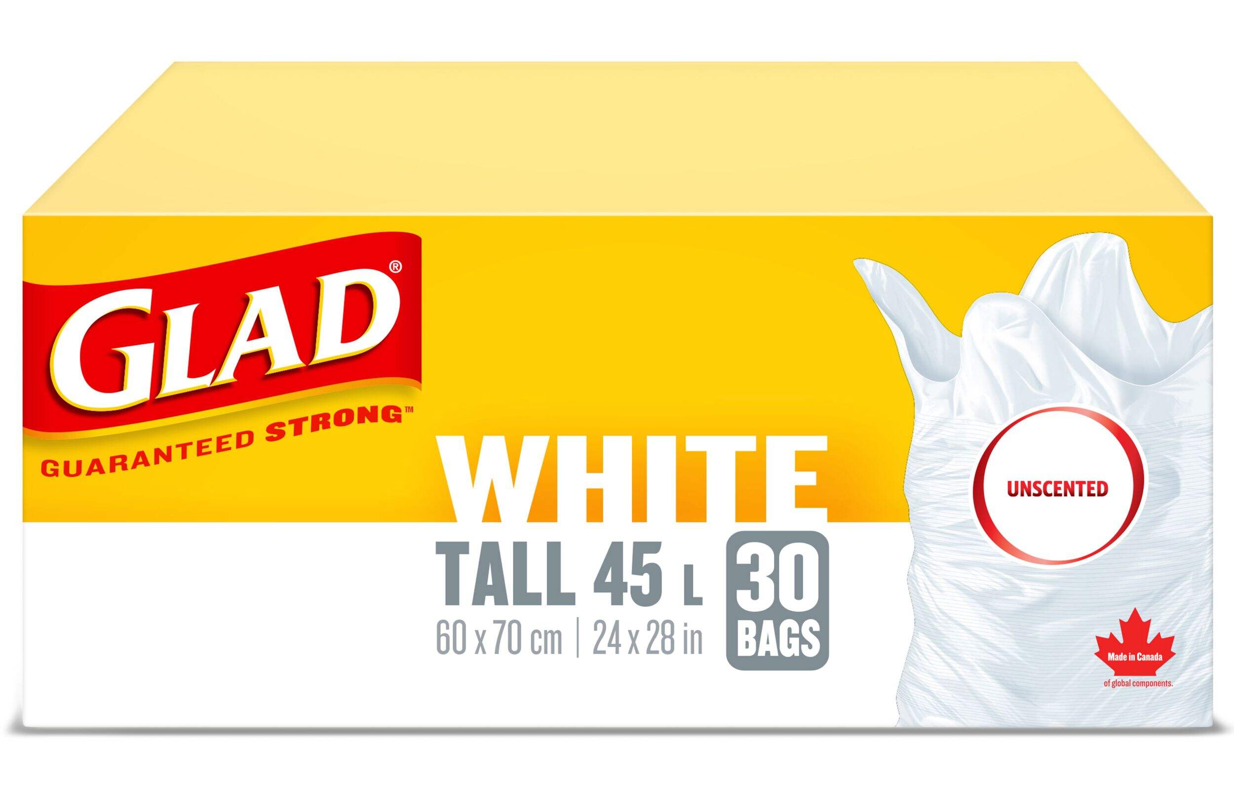 Glad Garbage Bags, Tall, Unscented, 30-pk, White, 45-L Front_Elevated