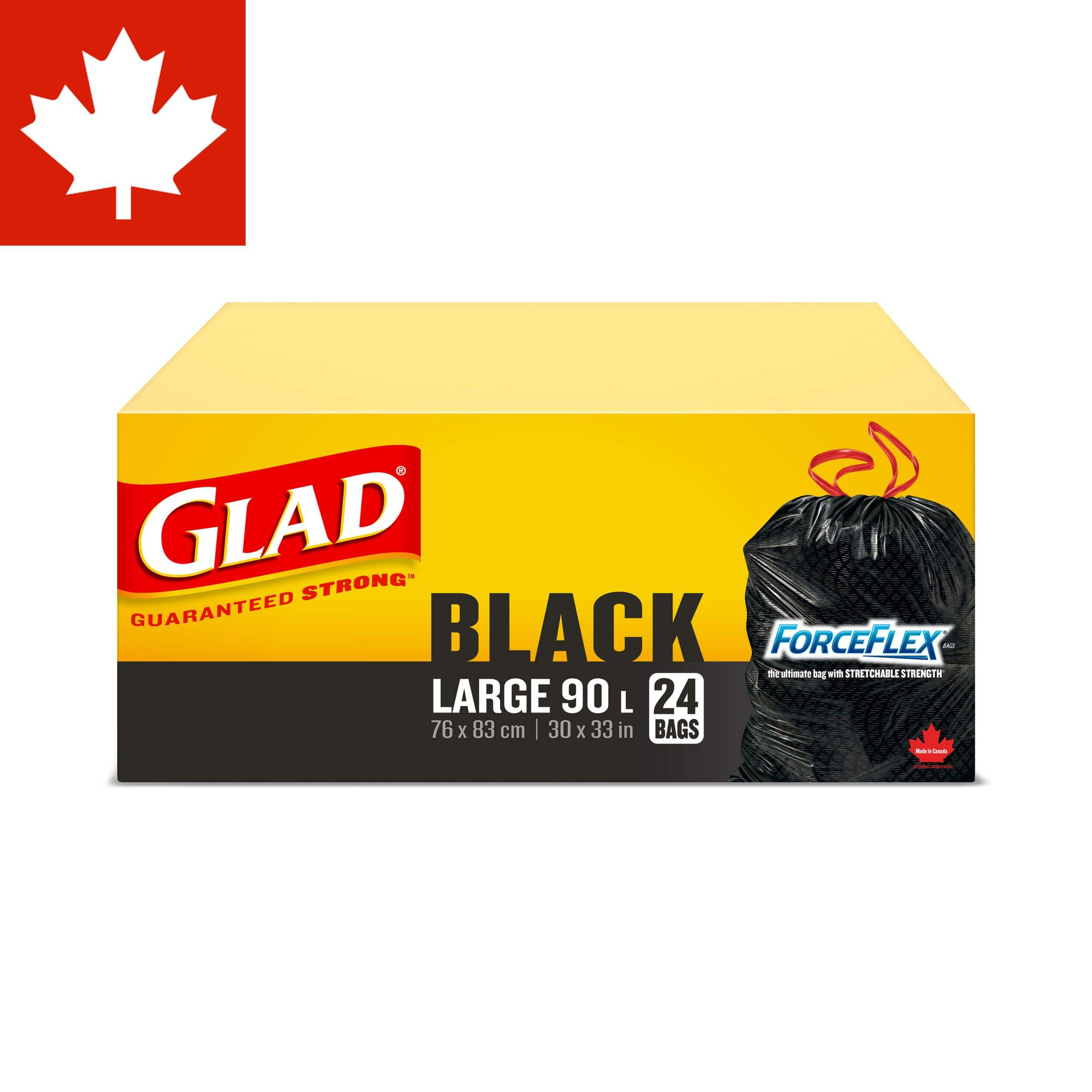 Glad Large ForceFlex Drawstring Garbage Bags, 24-pk, Black, 90-L Front_Elevated