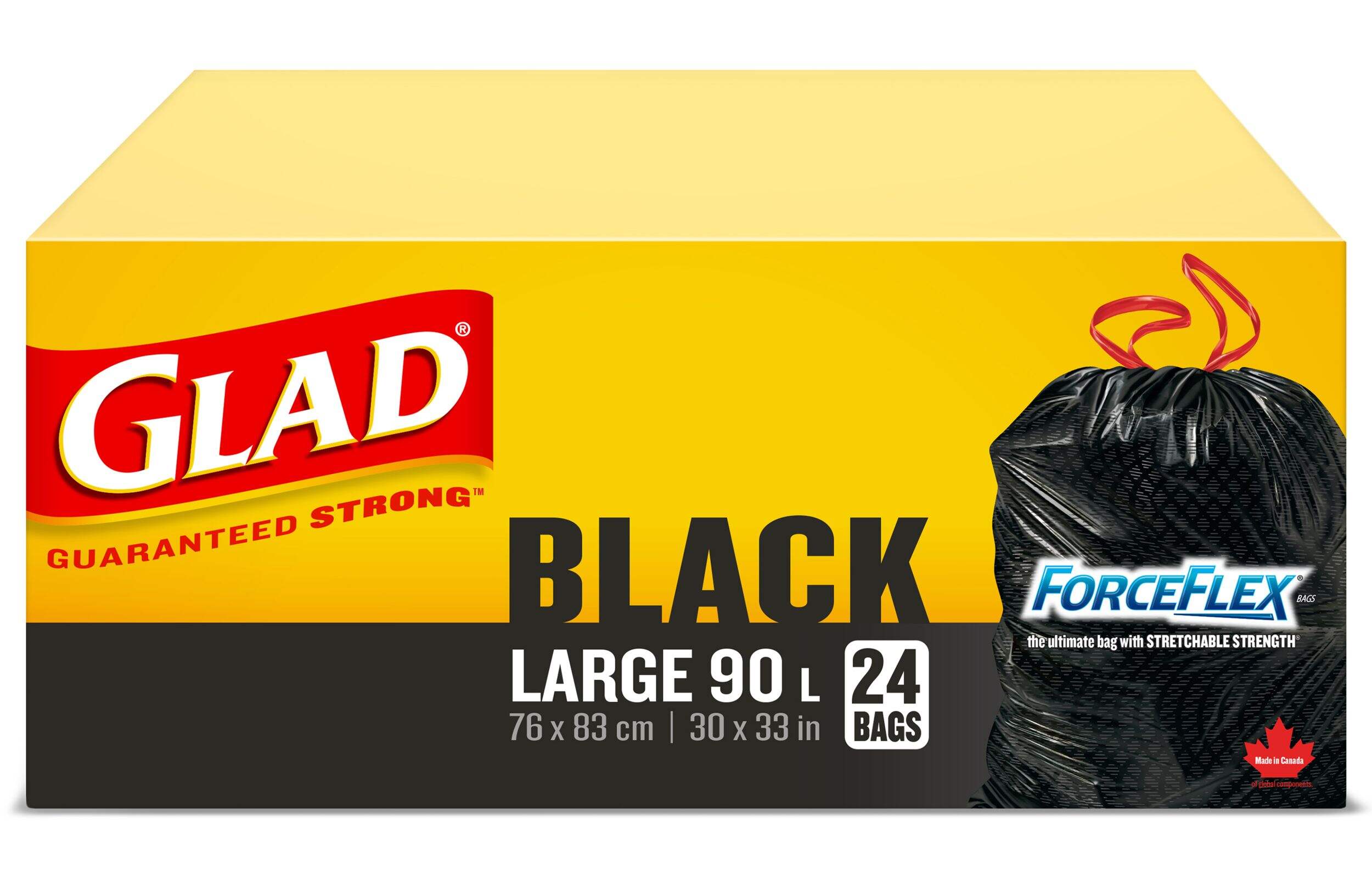 Glad Large ForceFlex Drawstring Garbage Bags, 24-pk, Black, 90-L Front_Elevated