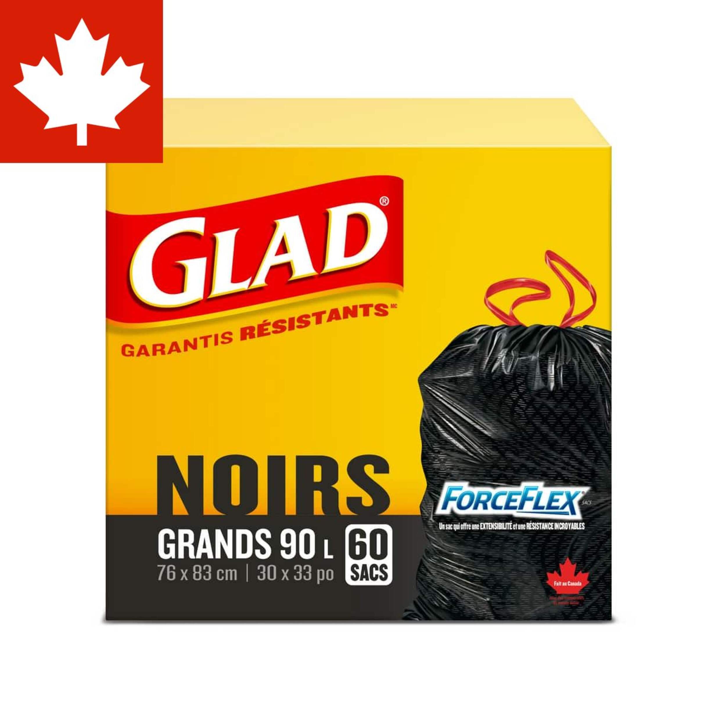 Sacs à ordures à cordon Glad ForceFlex, grand, noir, paq. 60, 90&nbsp;L Front_Elevated