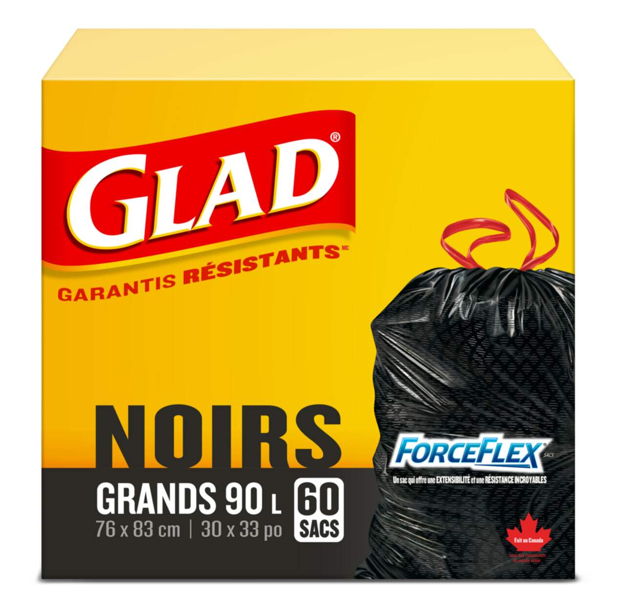 Sacs à ordures à cordon Glad ForceFlex, grand, noir, paq. 60, 90 L
