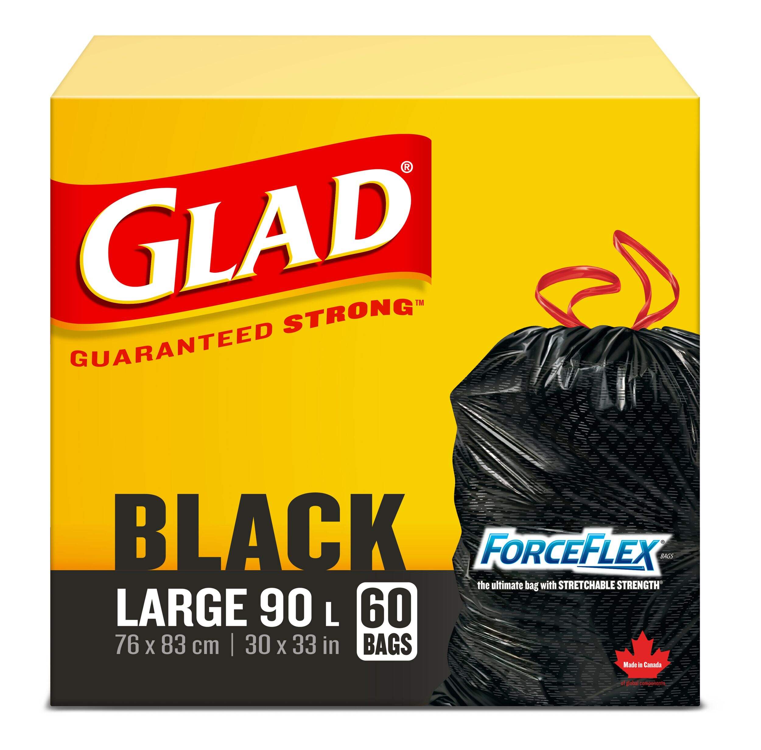 Glad Large ForceFlex Drawstring Garbage Bags, 60-pk, Black, 90-L Front_Elevated