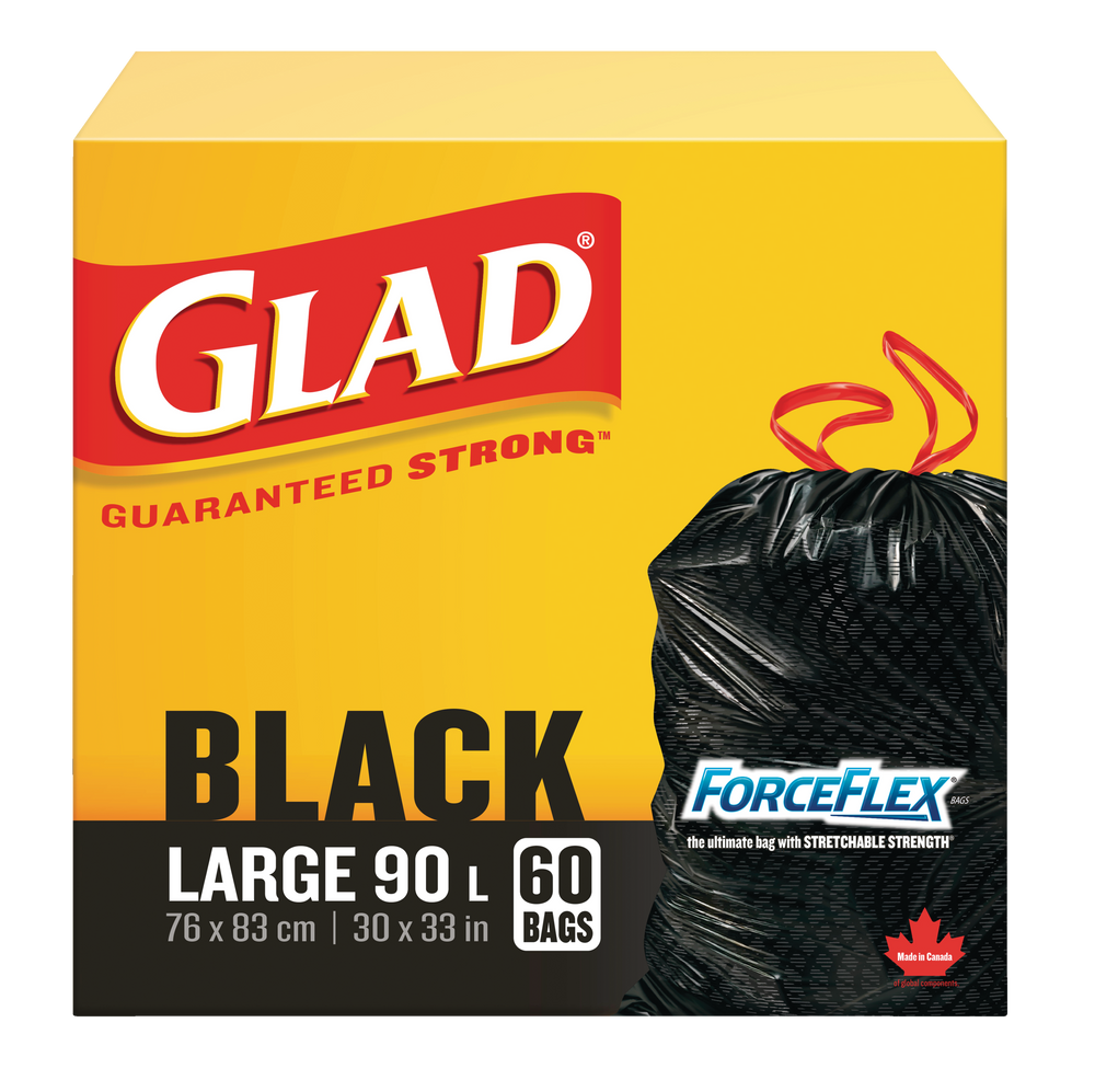 Glad Large ForceFlex Drawstring Garbage Bags, 60pk, Black, 90L Canadian Tire