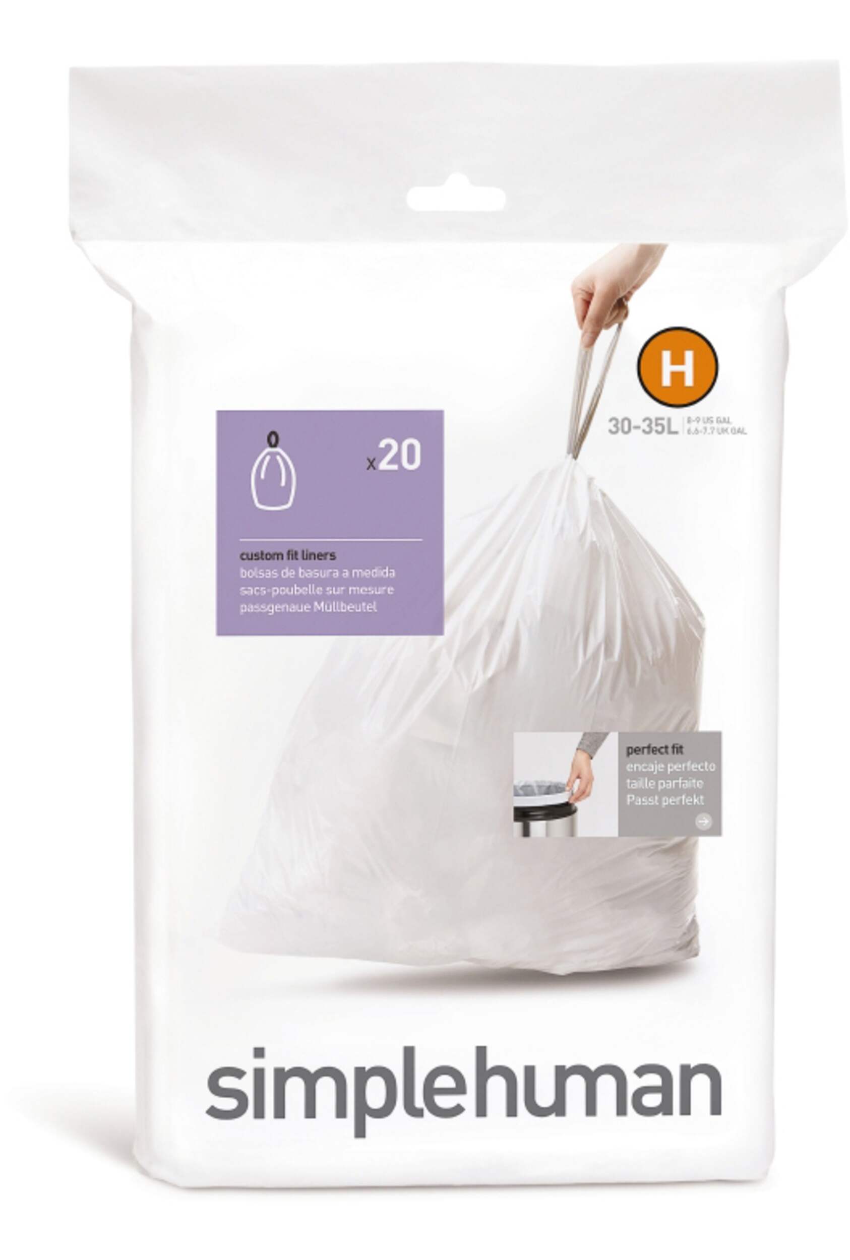 simplehuman Code H Drawstring Custom Fit Trash Can Liners, 20-pk, White, 30-35-L Front_Flat