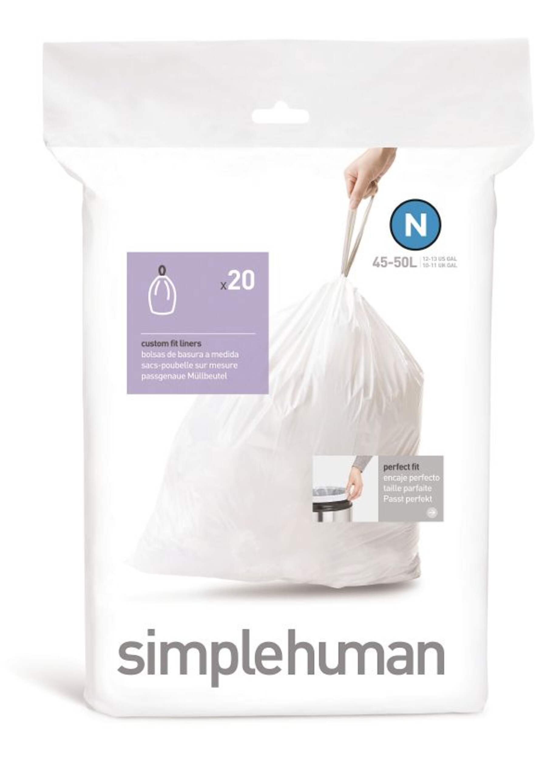simplehuman Code N Drawstring Custom Fit Trash Can Liners, 20-pk, White, 45-50-L Front_Flat