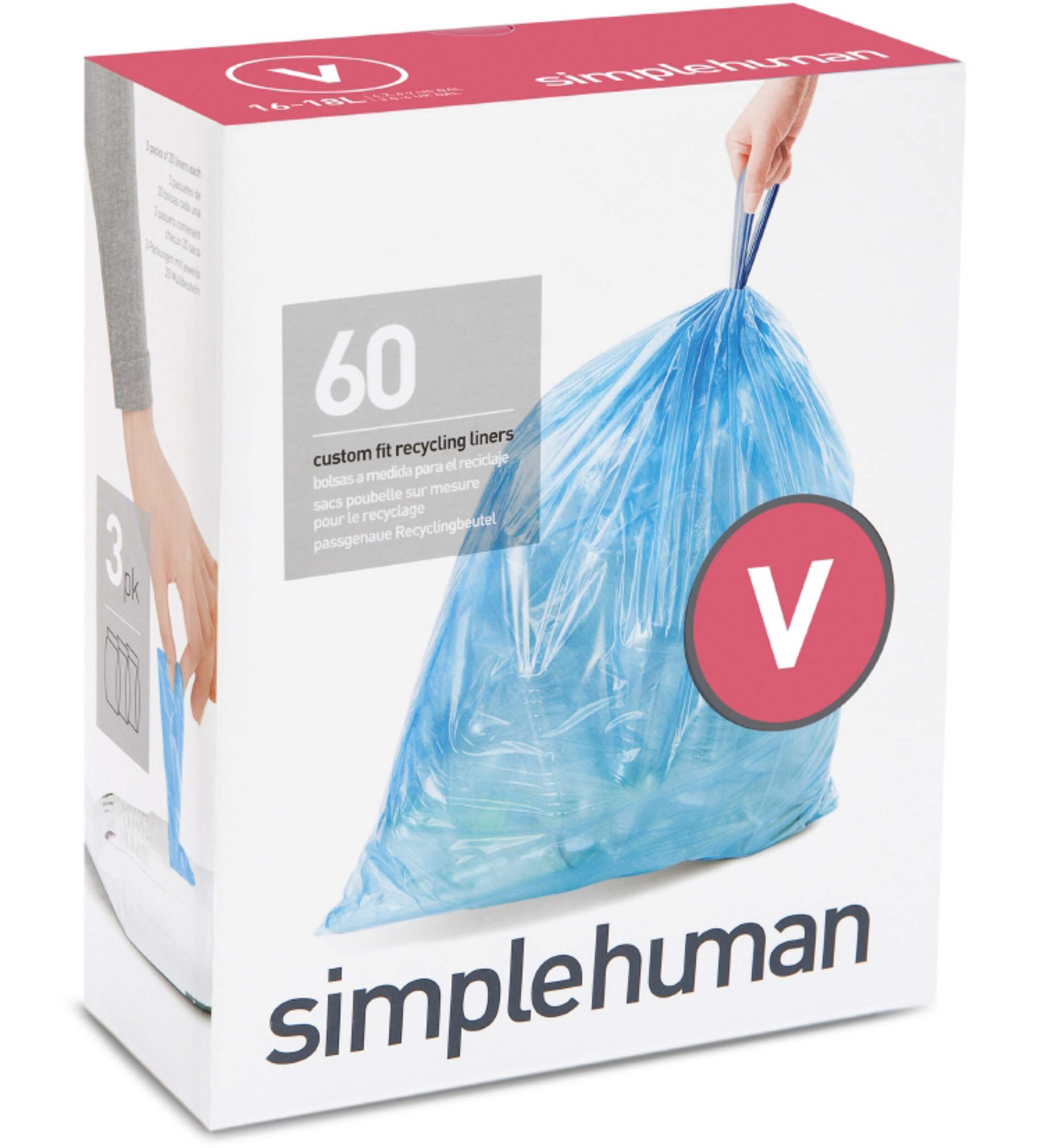 simplehuman Code V Drawstring Custom Fit Recycling Bags, 60-pk, 16-18 L Front_Angled_Right