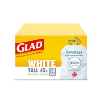 Sacs à déchets à cordon GLAD ForceFlex, blanc, grand, 45 L, paq. 50