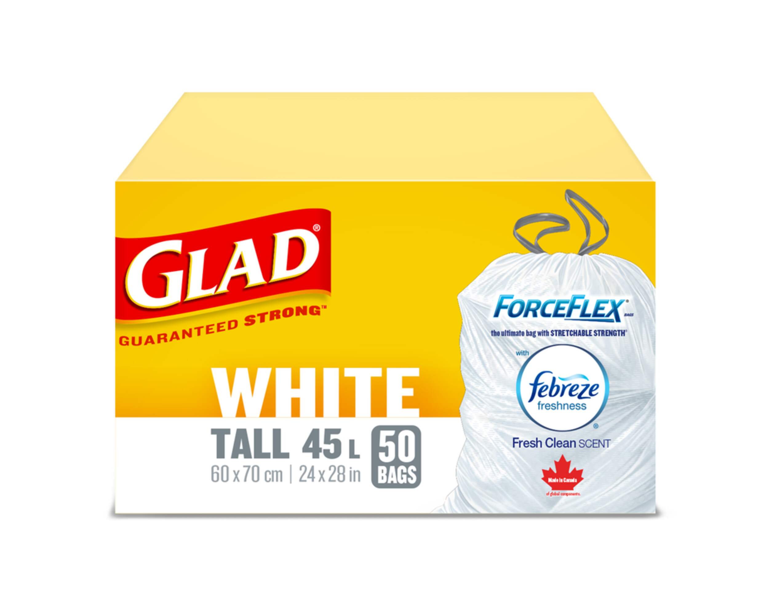 GLAD Tall ForceFlex® Drawstring Garbage Bags, White, 45-L, 50-pk Front_Elevated