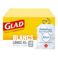 Sacs à déchets à cordon GLAD ForceFlex, blanc, grand, 45 L, paq. 50 Front_Elevated