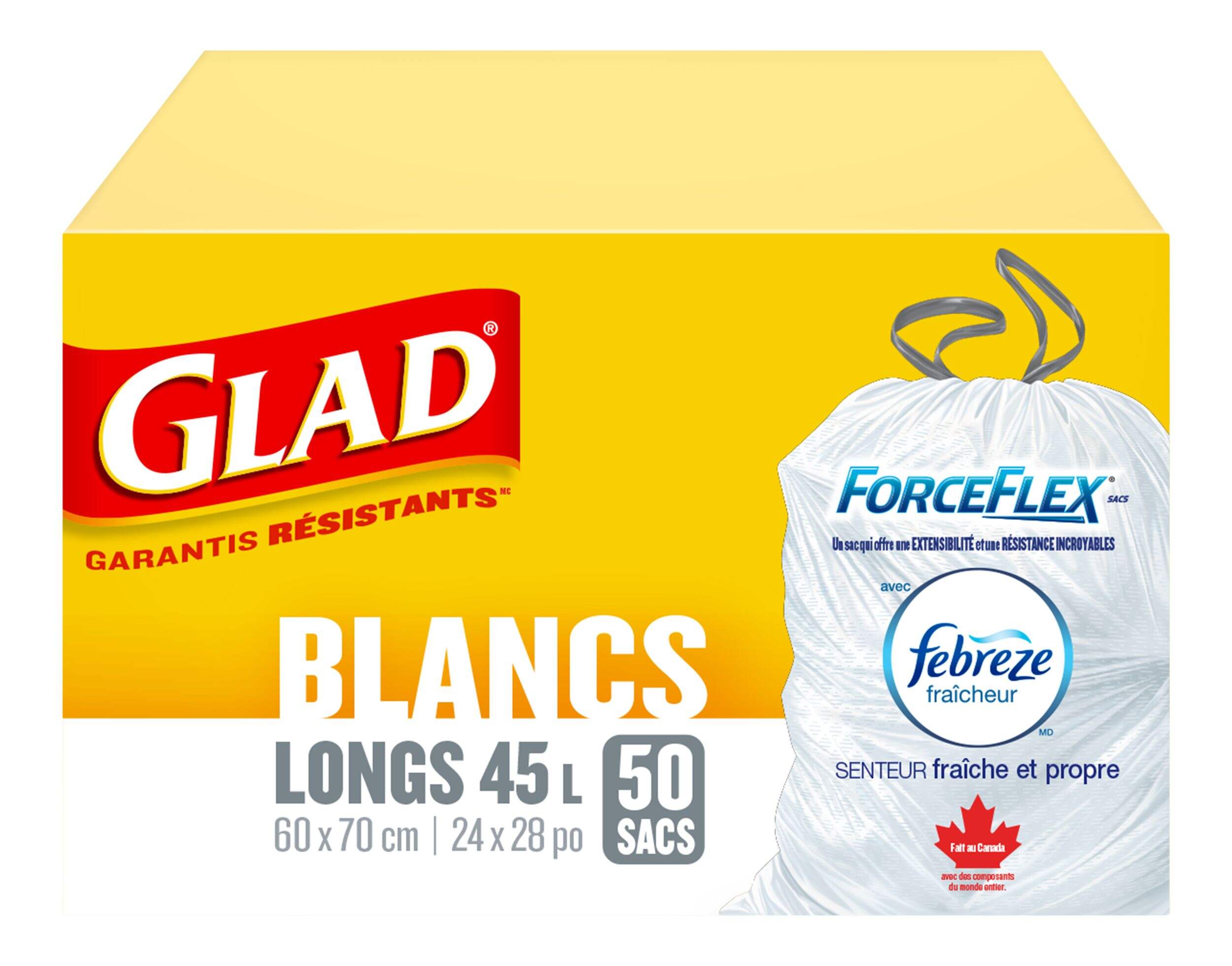 Sacs à déchets à cordon GLAD ForceFlex, blanc, grand, 45 L, paq. 50 Front_Elevated