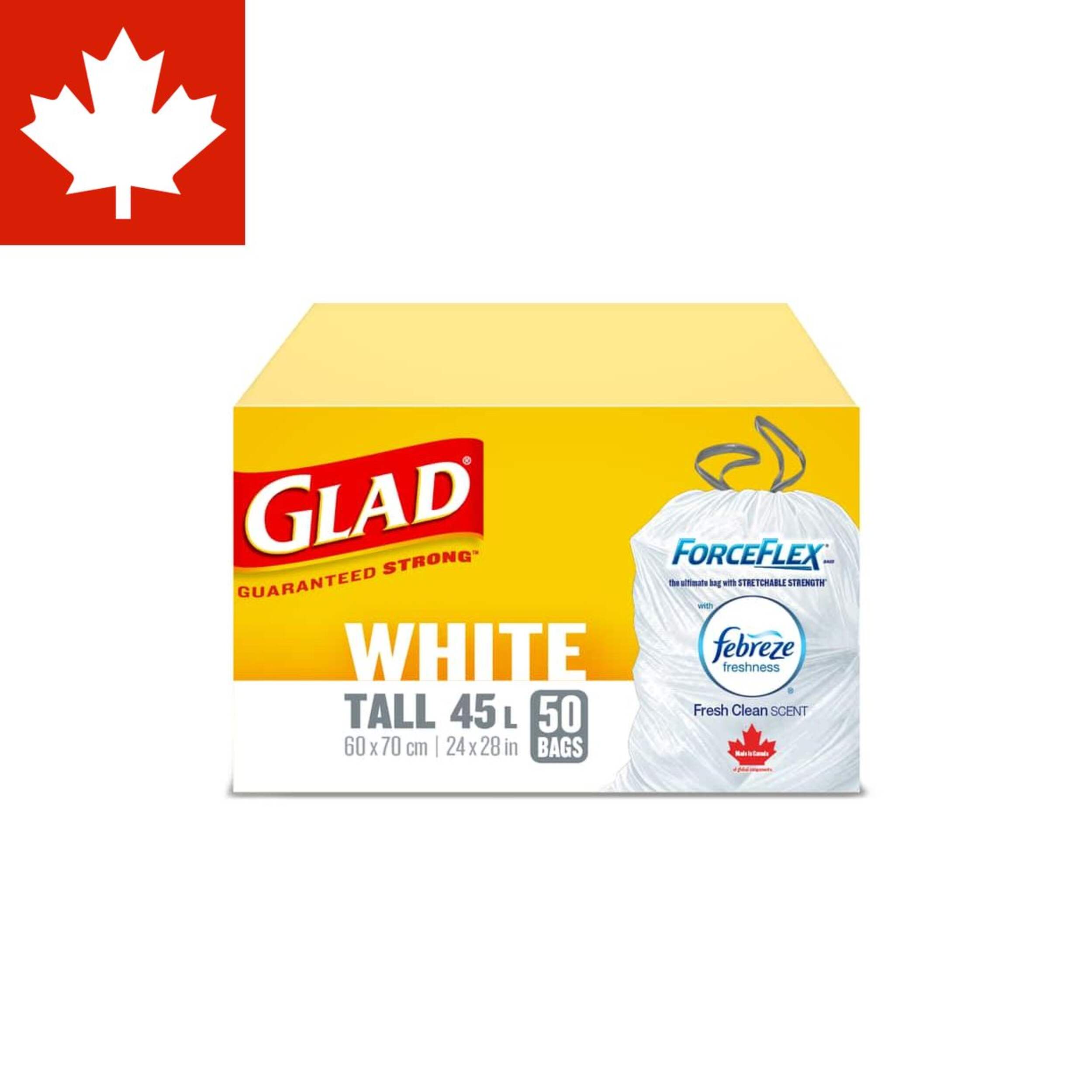 GLAD Tall ForceFlex® Drawstring Garbage Bags, White, 45-L, 50-pk Front_Elevated