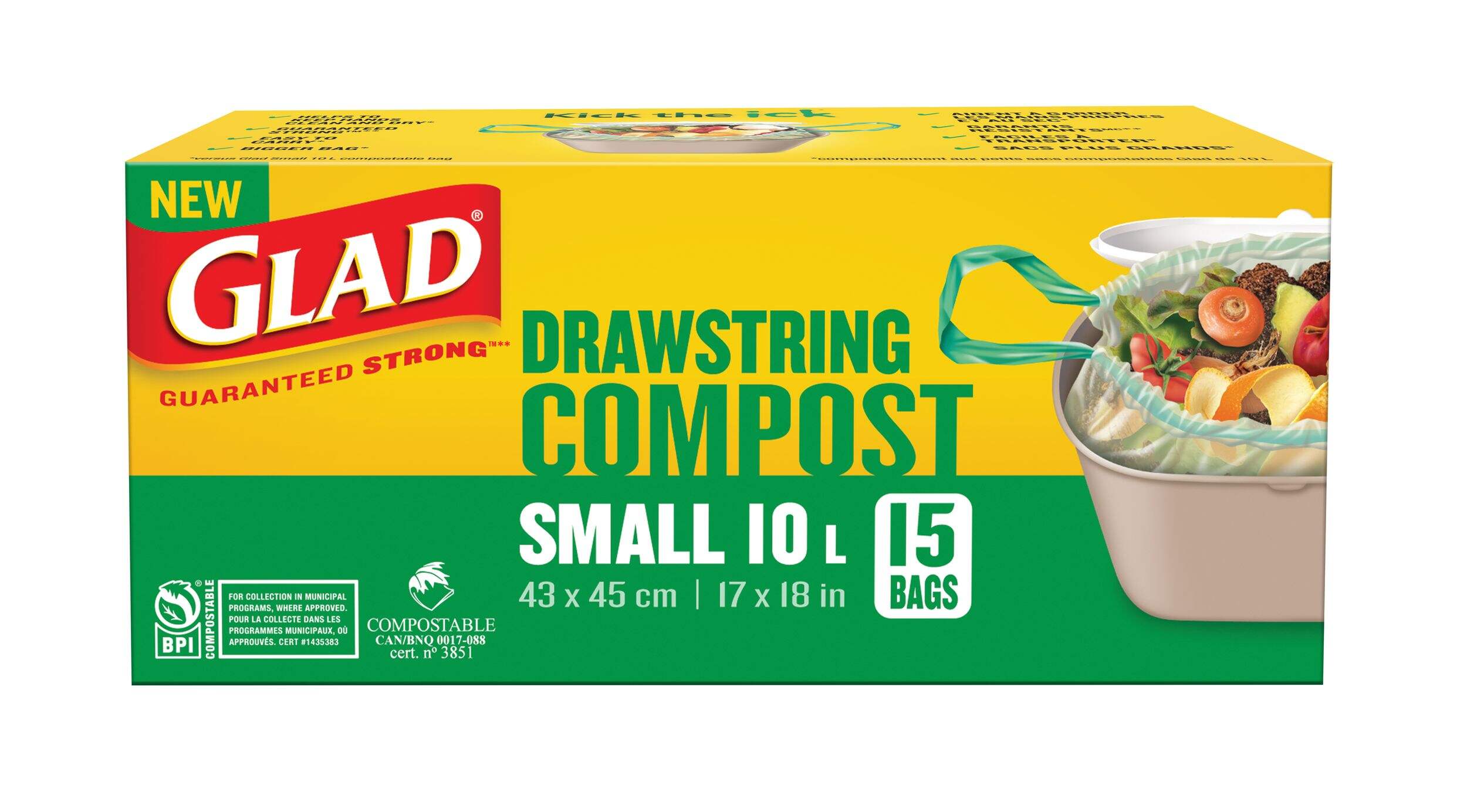 GLAD 100 Compostable Drawstring Bags, Small, 10L, 15pk Canadian Tire
