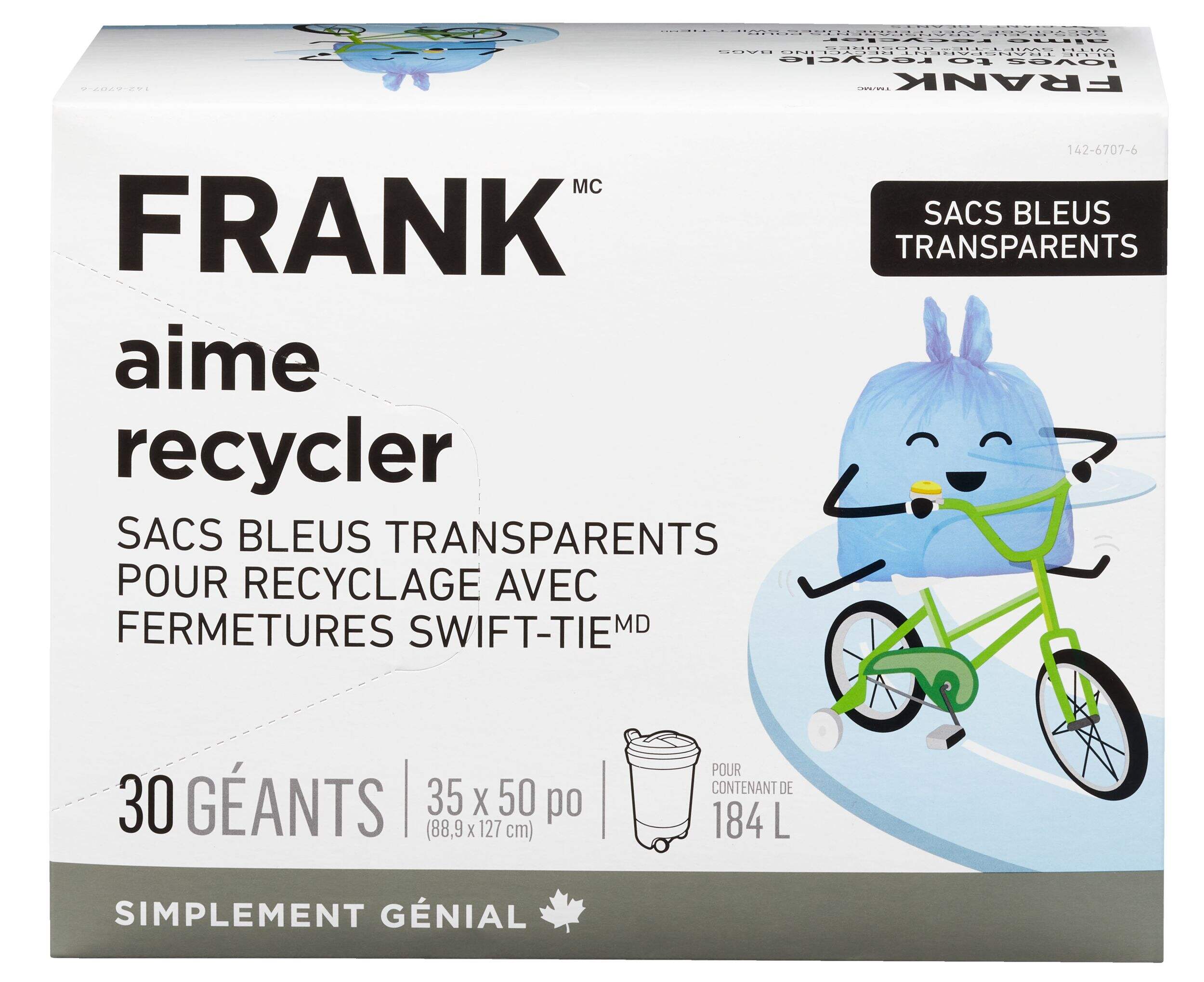 Sacs de recyclage bleus FRANK, géant, 184 L, paq. 30 Front_Flat