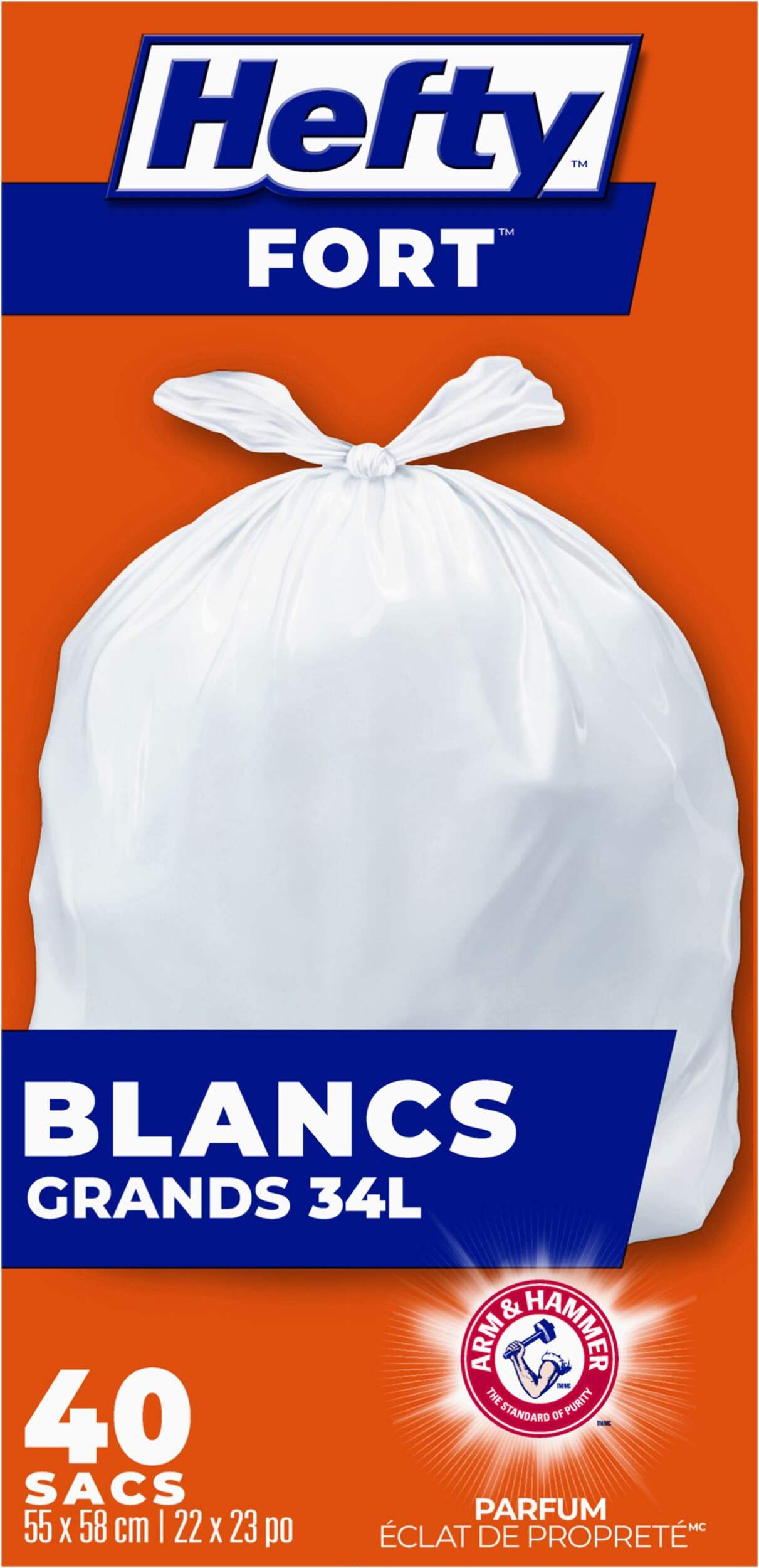 Hefty® STRONG™ Tall 34-L White Kitchen Garbage Bags with ARM & HAMMER™, 40-pk Front_Flat